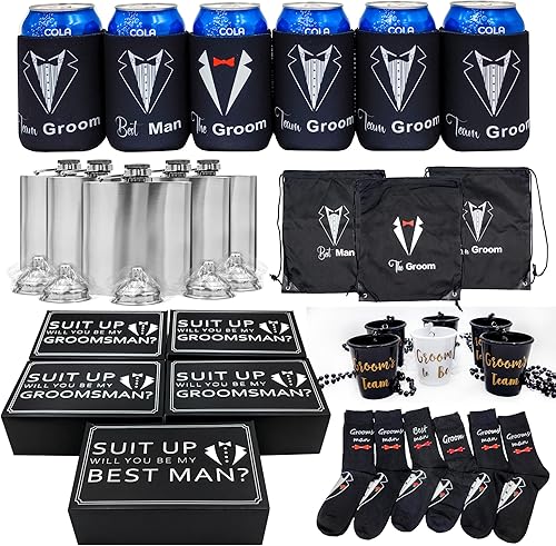 Sai Creations Paquete de regalo definitivo para padrinos de boda, juego de 6 paquetes, total de 35 piezas, elección de regalo pensada para padrinos