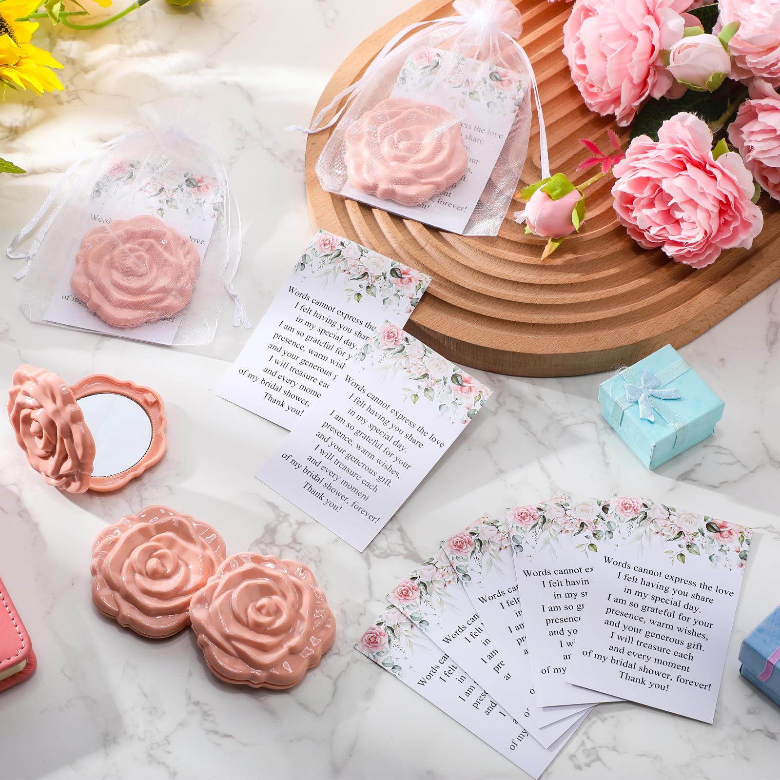 FoldTier 30 Sets Brautparty-Gastgeschenke für Gäste, kleine Rose, Kompaktspiegel, Großpackung, Hochzeitsgeschenke, Dankeskarten und Organza-Beutel, Hochzeitsfeier, Gäste, Souvenir, Geschenk (rosa