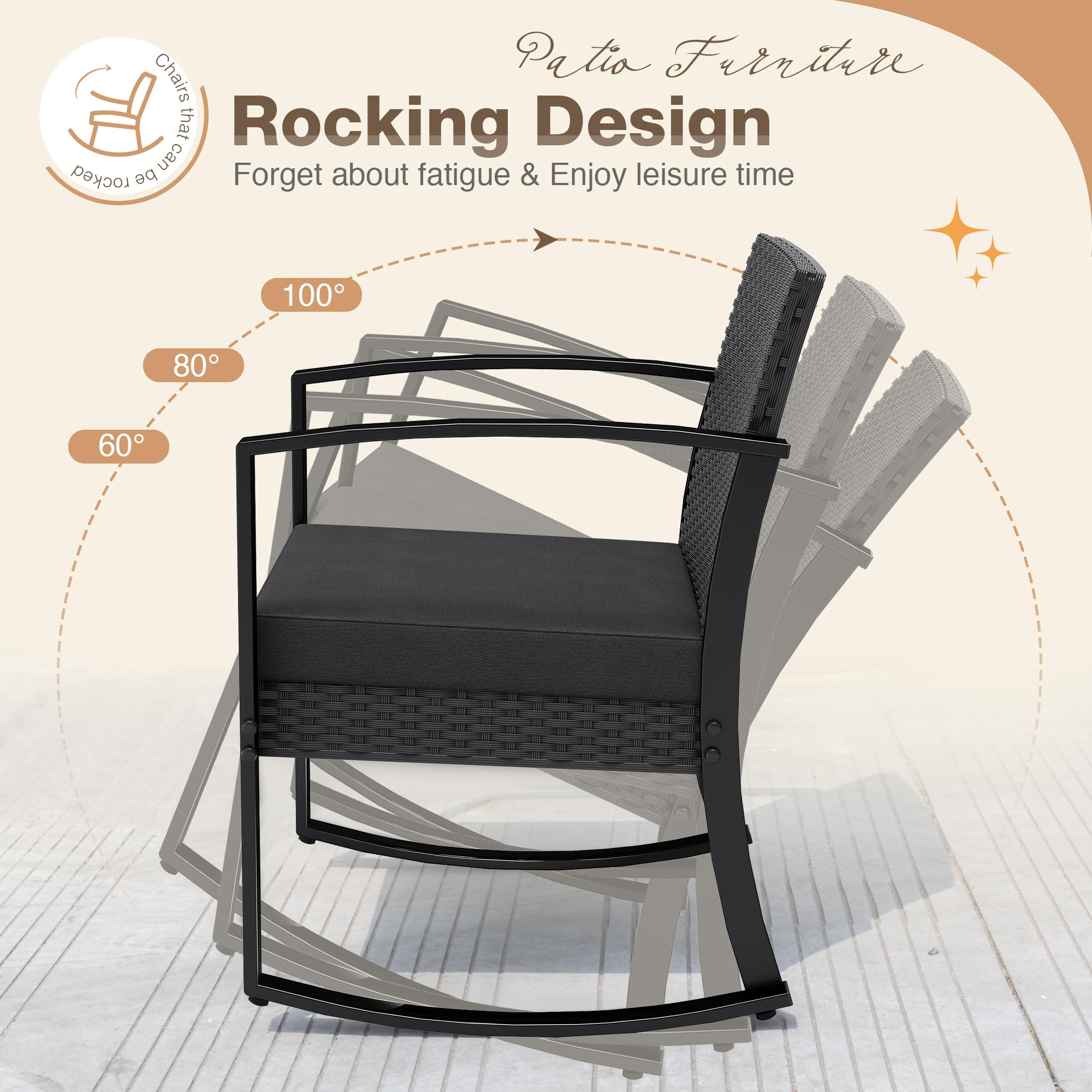 Juego de muebles de exterior de 3 piezas para patio, bistró, mecedoras con mesa de centro de cristal para piscina, playa, patio, balcón, porche, terraza, jardín, color negro 2