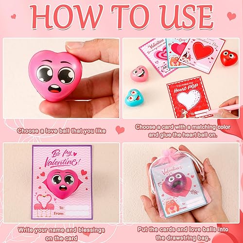 Miniatura 5 de Halloscume 144 bolas de estrés de corazón de San Valentín a granel con bolsas de organza y tarjetas de San Valentín para aliviar el estrés, juguete