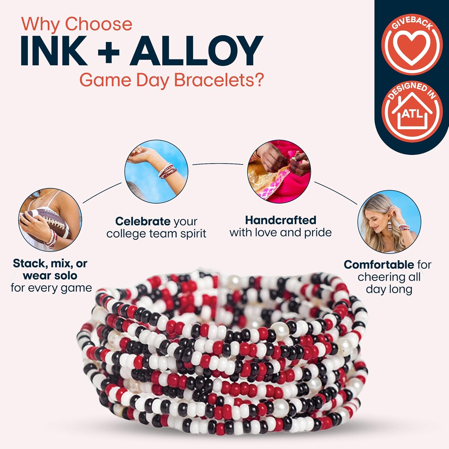 INK + ALLOY Game Day Bracelet Stacks, Beaded Bracelets for Football Gameday Outfits, Handmade Jewelry for College Students, Teachers, Football Moms, Set of 10