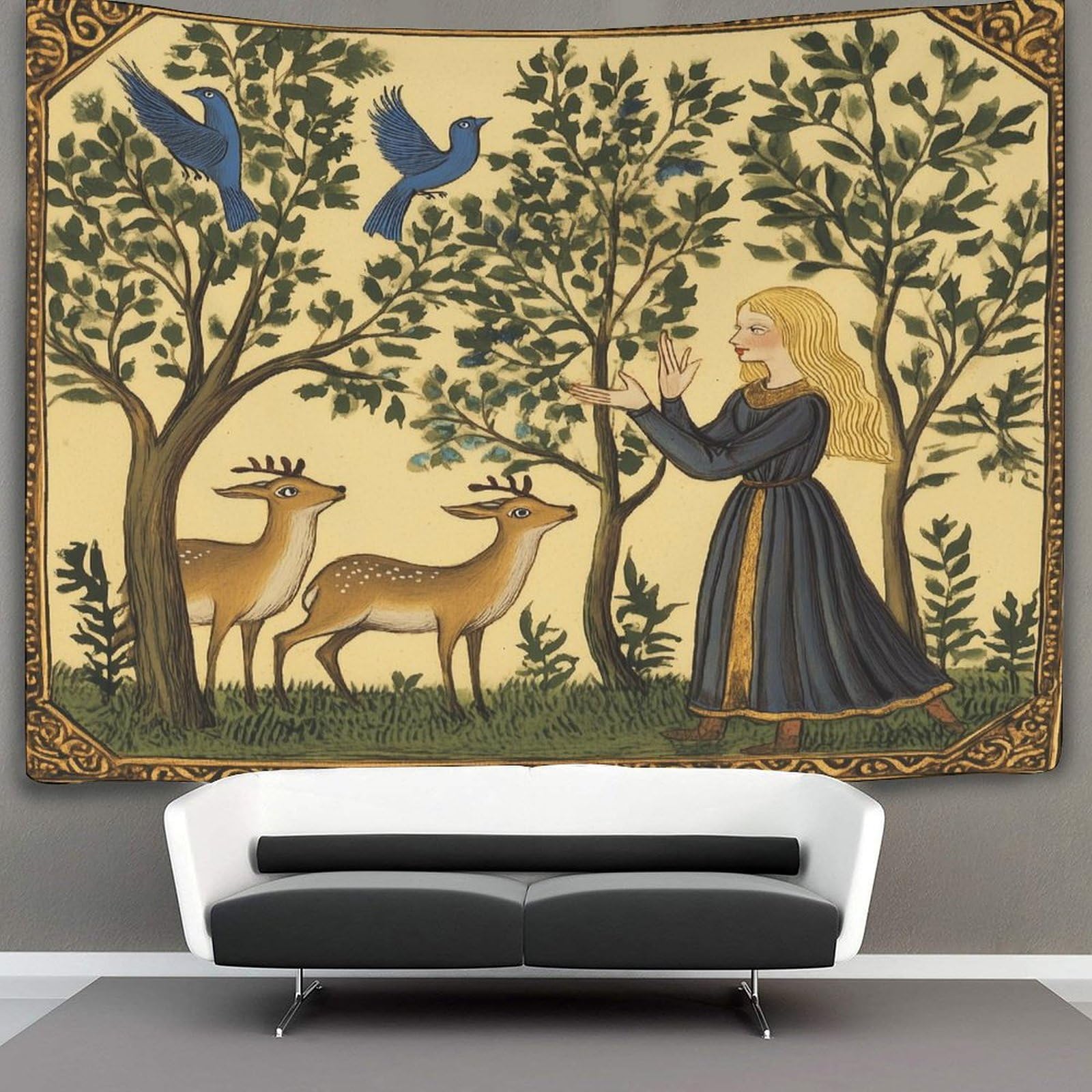 kaiyun Medieval Style Tapestry Beautiful Woman with Deer Tapestries 3D Wall Hanging Home Decorations for Room 150cmx200cm