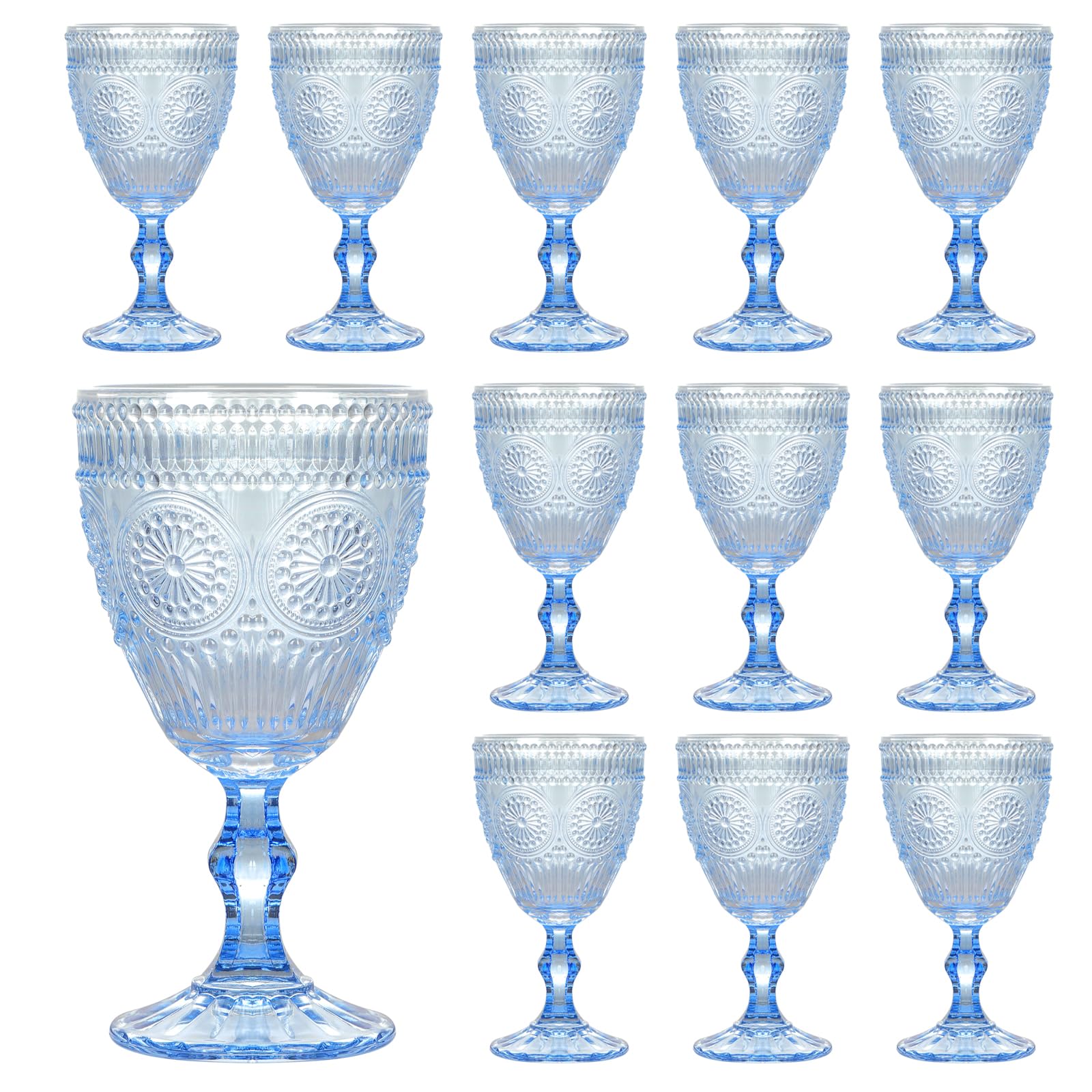 Vintage Wine Glasses Set of 12, 10 oz Glass Goblets Wine Glassware, Romantic Wedding Glass Set, Embossed Drinking Stemware Beverage Cups for Wedding Party Bar, Transparent