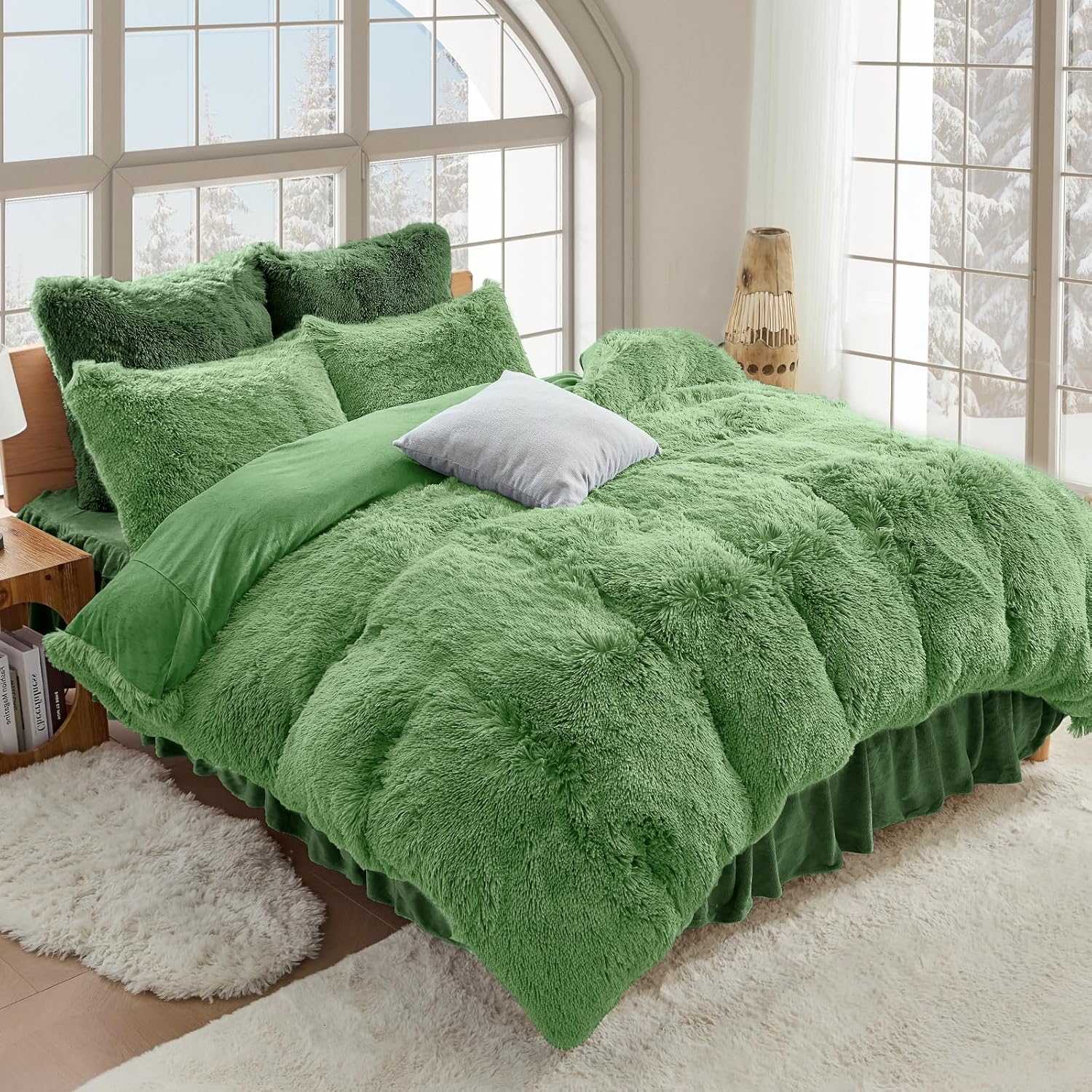 Sasttie 3-Piece Fluffy Duvet Cover Full, Ultra Soft Faux Fur and Velvet Dark Green Comforter Cover, Luxury Fuzzy Bedding Sets for Winter Bed, Includes 1 Duvet Cover and 2 Pillowcases, No Comforter