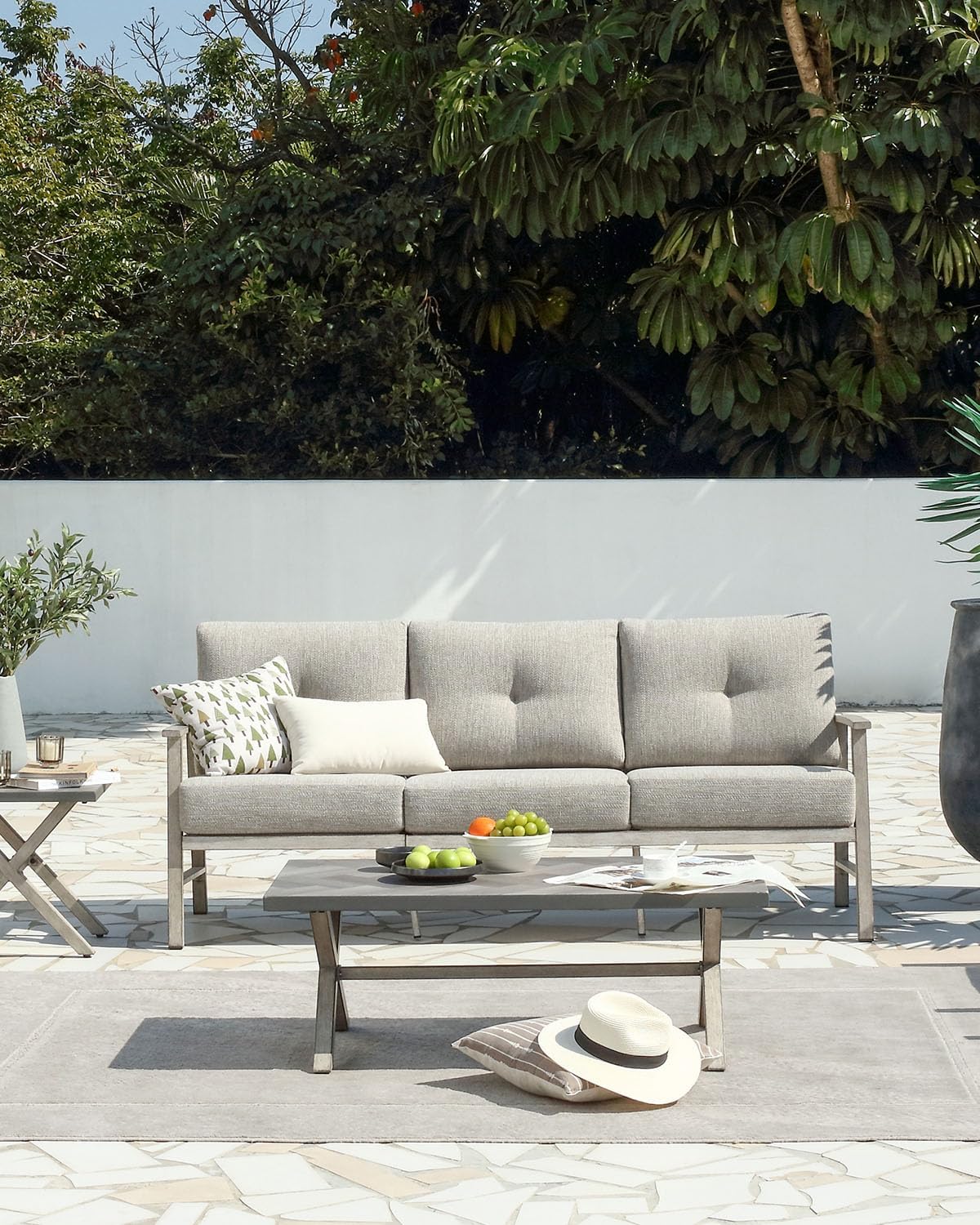3 Seats Patio Furniture Sofa, Outdoor Aluminum Couch with 5.9'' Soft Cushion, 3-Seater All-Weather Outdoor Patio Furniture Sofa Couch for Balcony, Poolside, Lawn, White Oak
