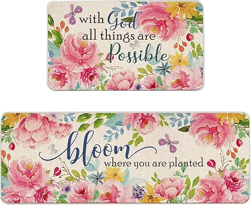 Wtosuhe Juego de 2 tapetes de cocina de primavera, antideslizantes, diseño floral, para primavera, verano, Pascua, decoración de cocina, lavable,