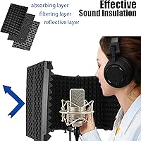 Vista 2 de Escudo de aislamiento de micrófono de estudio, con filtro pop y soporte de micrófono de escritorio de metal, 5 pliegues, plegable, protector