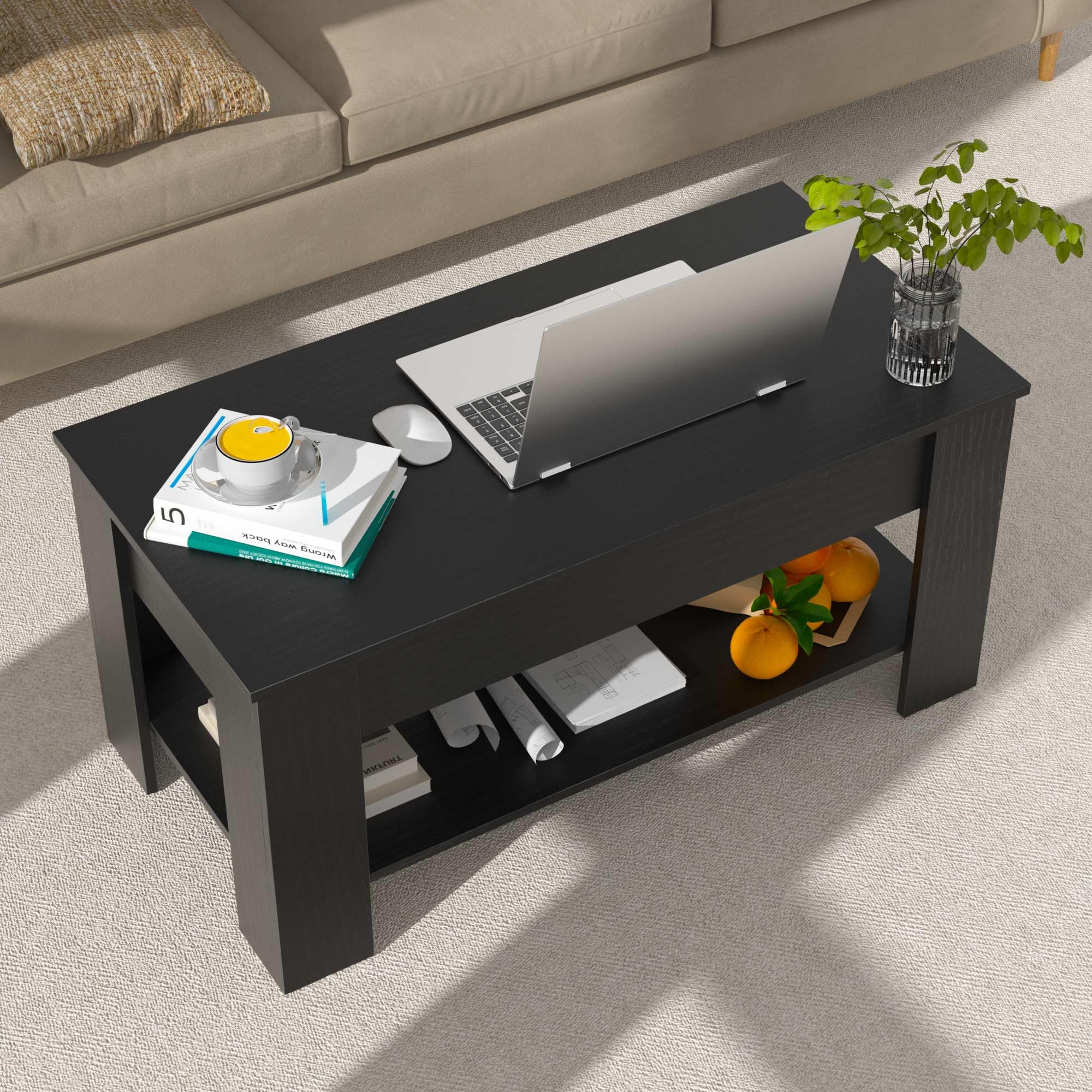 Rustic Wood Lift Top Coffee Table with Storage - Console Table & Hidden Desk for Living Room
