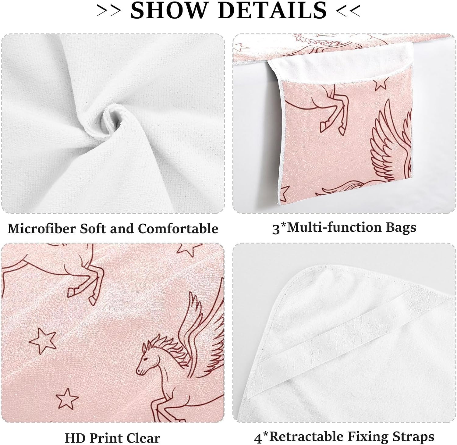 Cute Horse Lounge Chair Towel Cover with Side Pockets – 85x30in Foldable Chaise Cover for Beach, Pool, Patio, Spa
