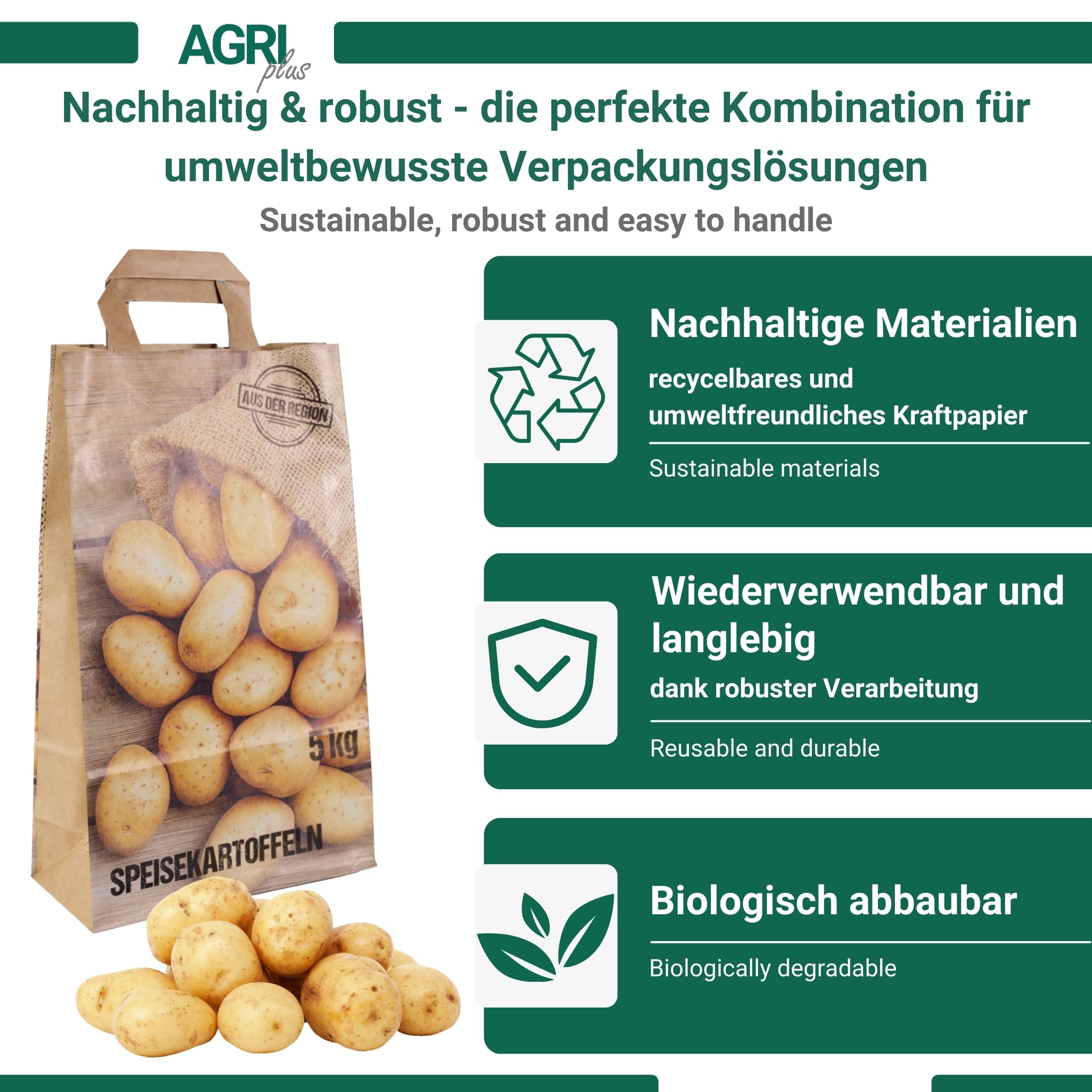 AGRI plus Kartoffeltüten "Kartoffeln aus der Region" 5 kg I 250 Stück I Biologisch abbaubare Papiertragetaschen in 220 x 100 x 360 mm I Robuste Kartoffeltragetaschen aus 90 g/m² Kraftpapier