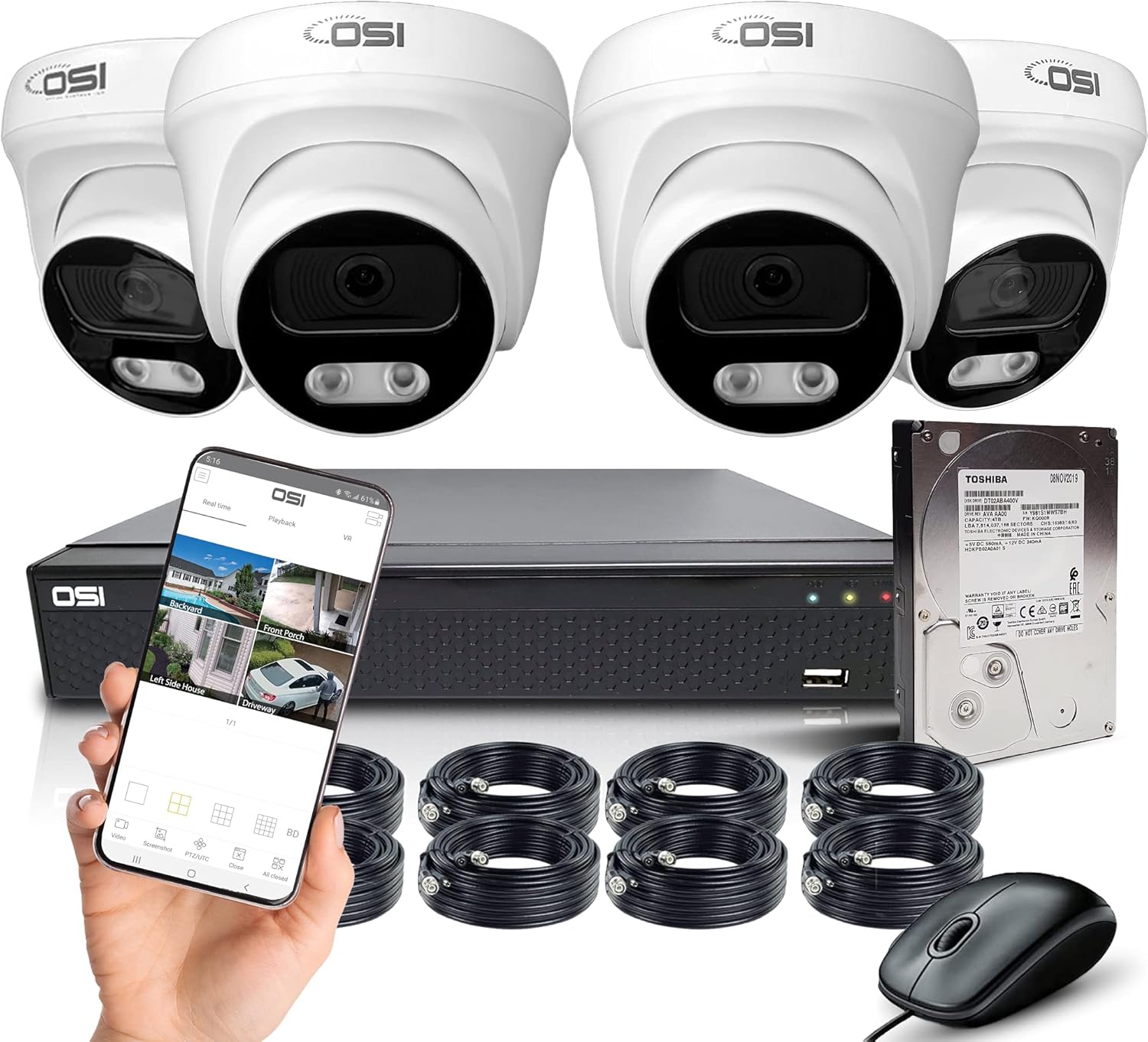 【OSI 2K 5MP HD 4-CAMERA DVR SYSTEM 2TB HDD】4-CH H.265 Home Video Surveillance System,4x 5MP Indoor Outdoor Dome Cameras,Wired Analog DVR System,P2P DVR,Free APP,Night Vision,Motion,Alert,Remote Access