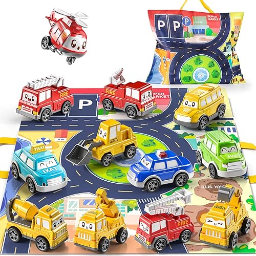 TEMI - Juguetes de coches tirados para niños pequeños de 1, 2, 3 años para niños y niñas, 12 piezas de juguetes de coches para bebés con alfombrilla