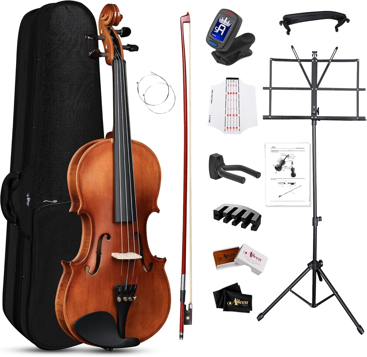 Aileen 1/4 Violin Set, Beginners Fiddle Kit for Teenagers with Hard Case, Music Stand, Shoulder Rest, Rosin, Bow, Tuner, Extra Strings, Mute, Wall Mount, Fingerboard Sticker, Cleaning Cloth