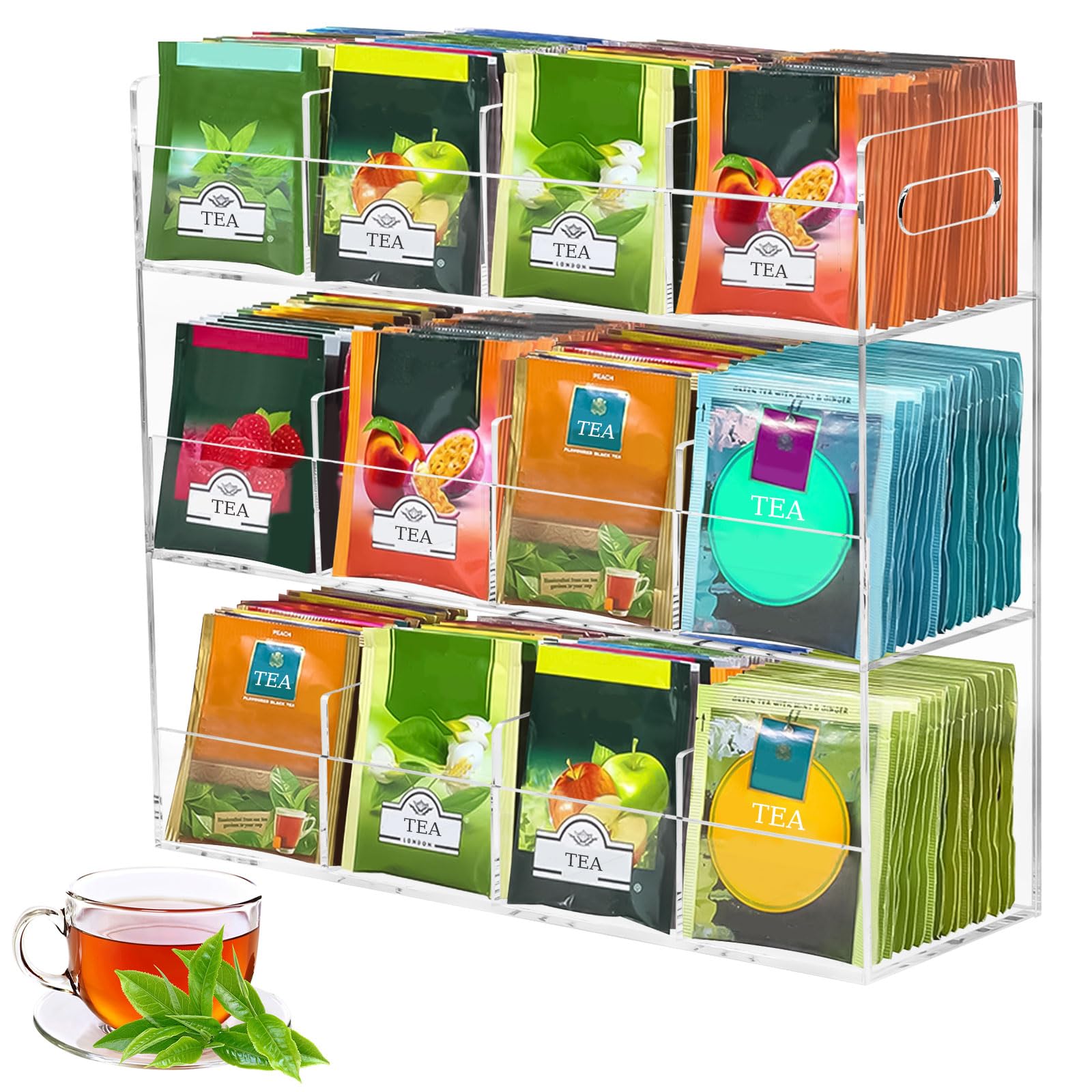 Organizador de Bolsitas de Té,Organizador de Almacenamiento de 3 Niveles con 12 Compartimentos Capacidad para 216 Bolsitas de Té,Estante de Té Vertical de Acrílica para Paquetes de Té,Café,Azúcar