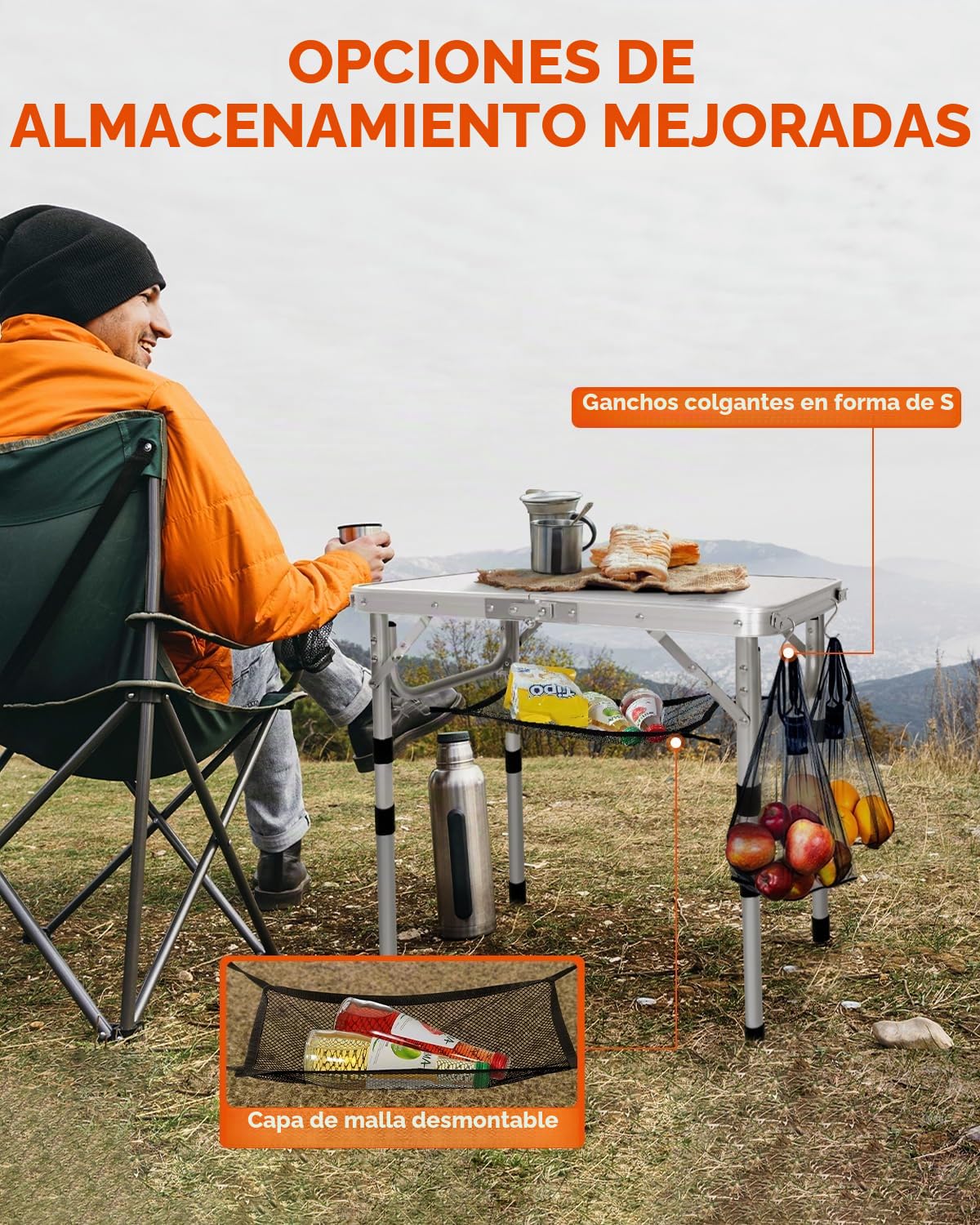 Sportneer Mesa Plegable Camping 60x40 cm, Mesa de Camping Plegable con Capa de Malla, 4 Alturas Ajustables, Mesa Camping Plegable Portátil con Patas de Aluminio para Picnic, Playa y Aire Libre