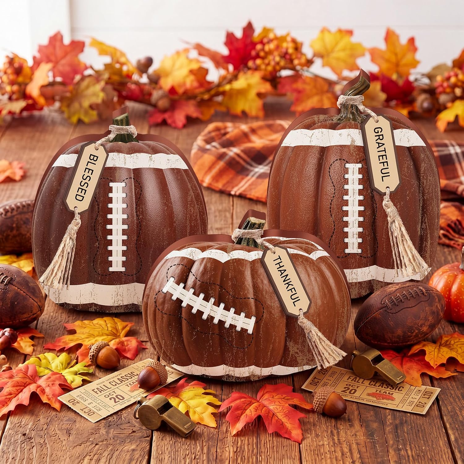 Junkin 3 Pcs Fall Football Decoration Wood Football Pumpkin for Home