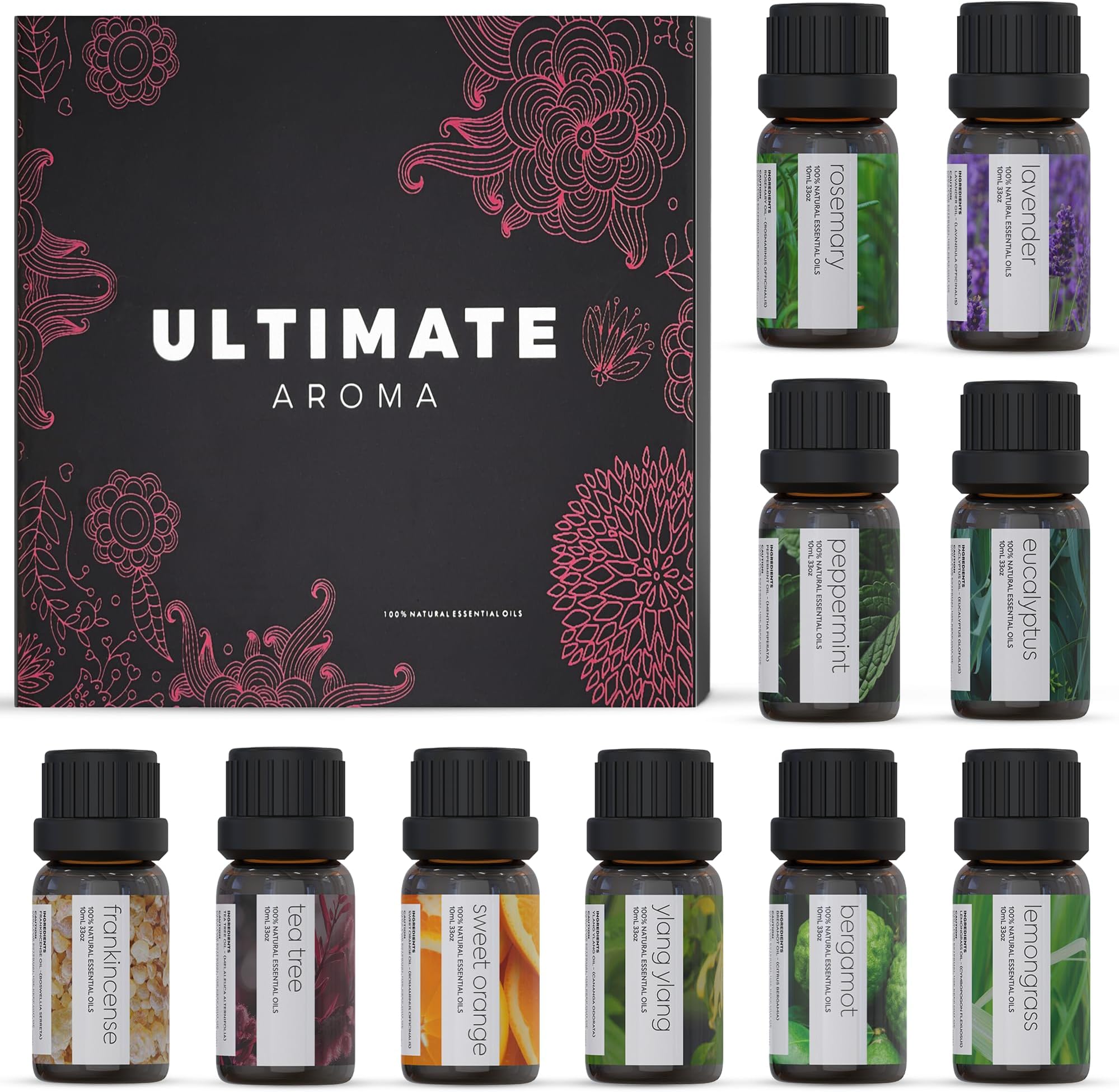 Essential Oils by Ultimate Aroma Top 10 Aromatherapy Oils Gift Set - Lavender/Tea Tree/Eucalyptus/Peppermint/Lemongrass/Sweet Orange/Bergamot/Frankincense/Rosemary/Ylang Ylang (10ml).