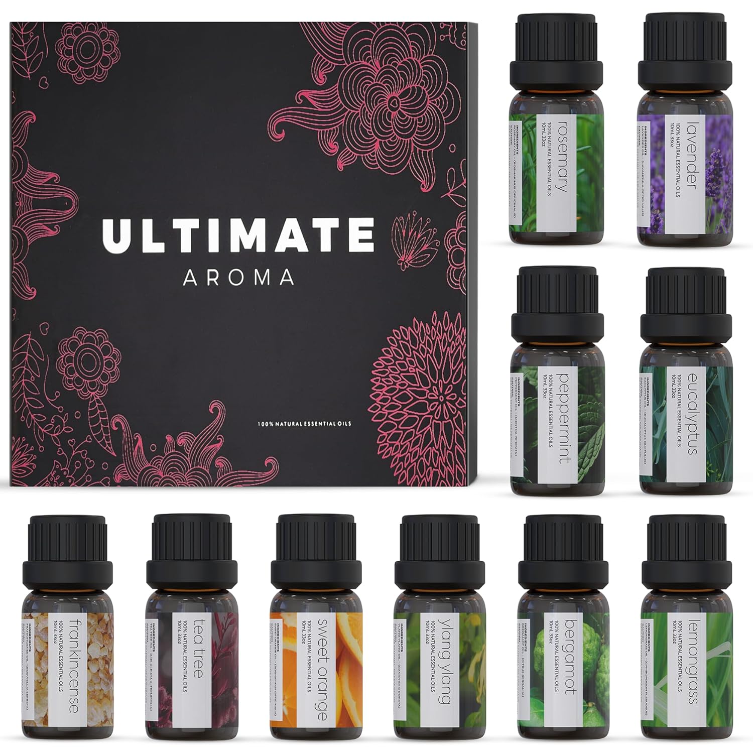 Essential Oils by Ultimate Aroma Top 10 Aromatherapy Oils Gift Set – Lavender/Tea Tree/Eucalyptus/Peppermint/Lemongrass/Sweet Orange/Bergamot/Frankincense/Rosemary/Ylang Ylang (10ml).