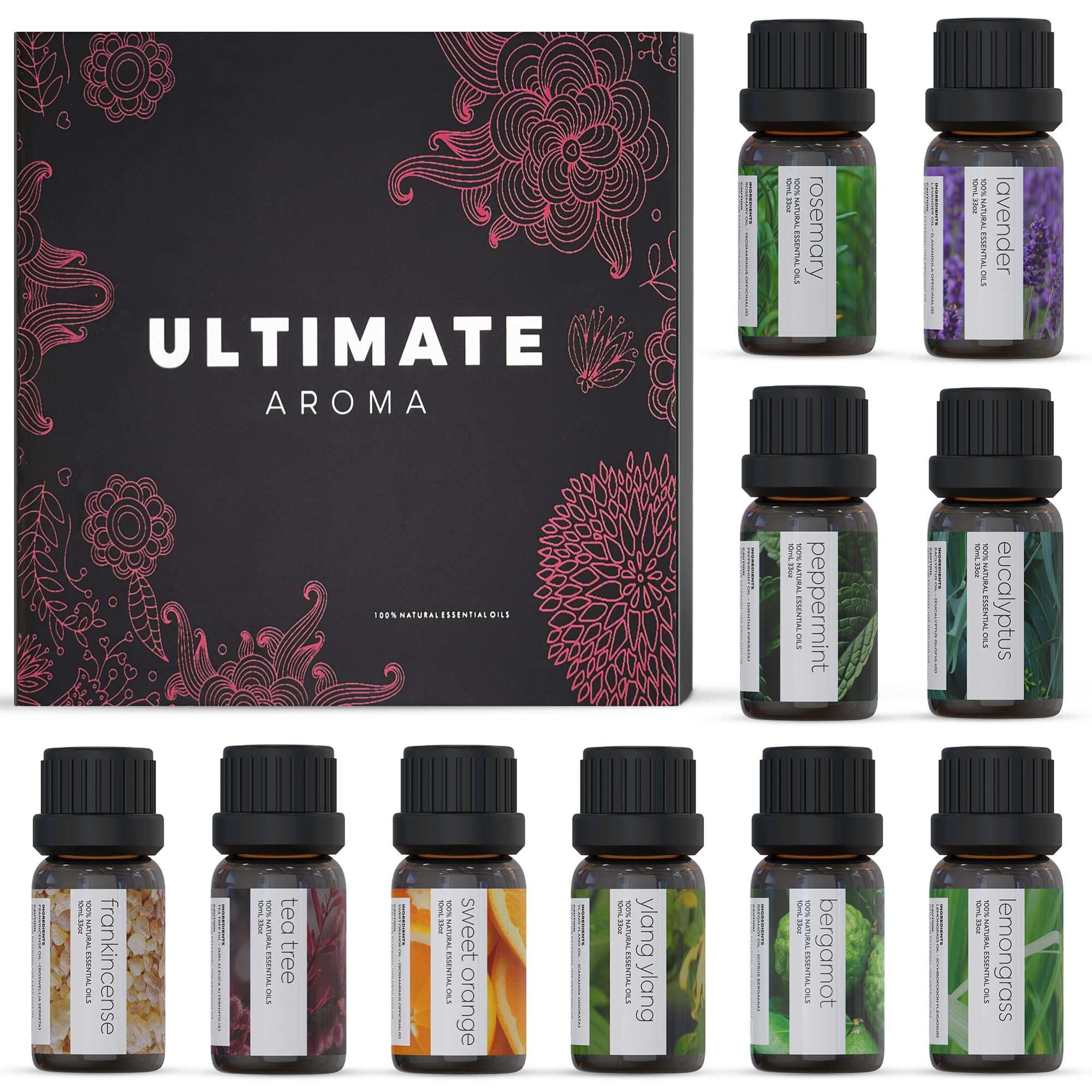 Essential oils by ULTIMATE AROMA 100% Pure Therapeutic Grade Oils kit- Top 6 Aromatherapy Oils Gift Set-6 10ML(Eucalyptus, Lavender, Lemon grass, Orange, Peppermint, Tea Tree)