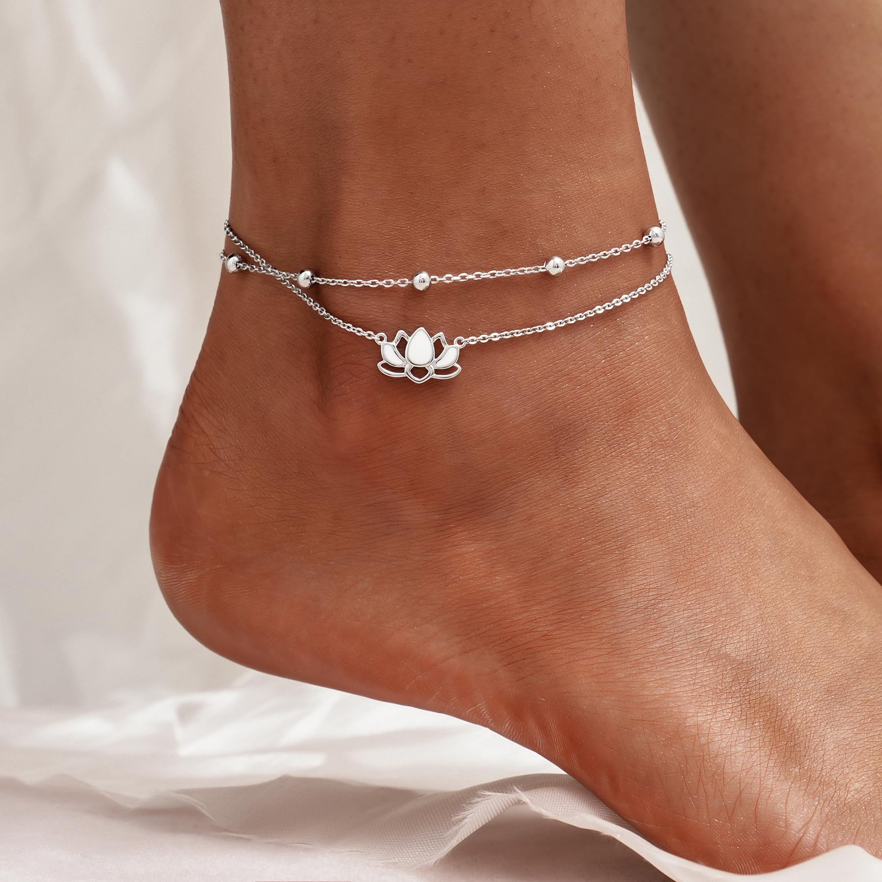 Cavigliera in argento Sterling 925, per donna, con fiore di loto, cavigliera a strati, chakra, per compleanno, laurea, ispirazione, yoga, idea regalo