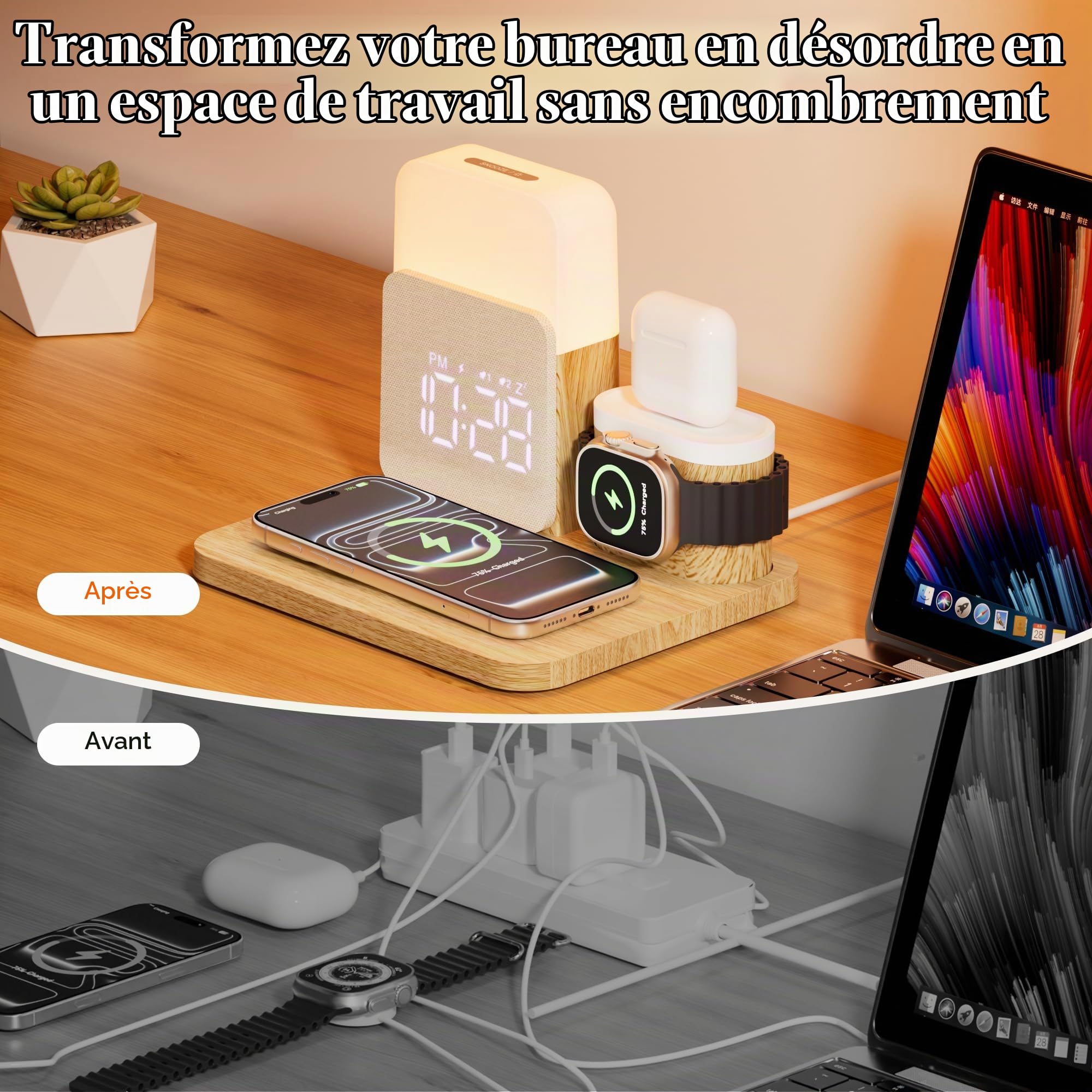 5 en 1 Station de Charge pour A-pple Reveil Chargeur Induction i -Phone | Chargeur sans Fil 17-11 pour air-pods A-pple Watch avec Lampe pour la Chambre à Coucher Adaptateur Inclus