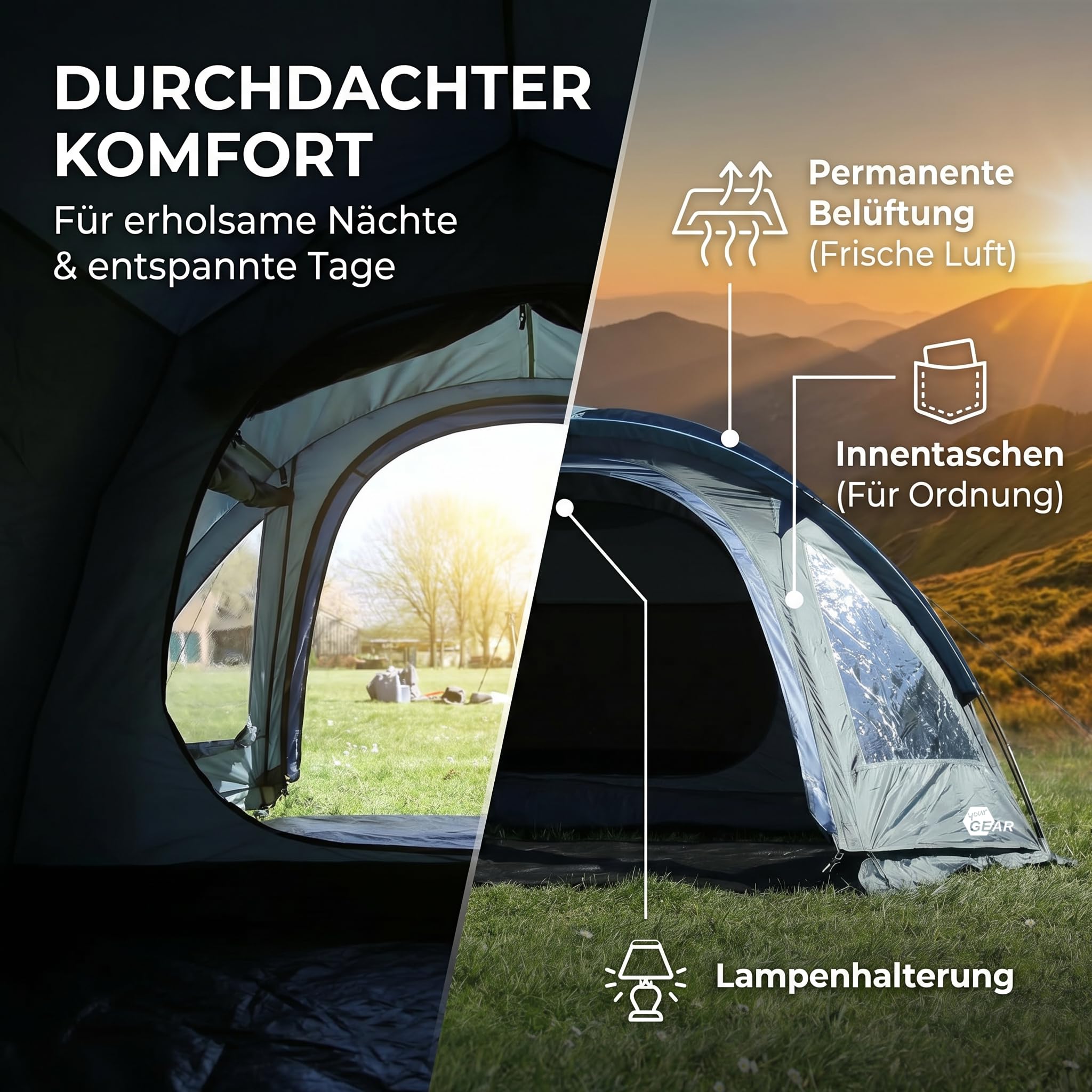 your GEAR Monza Zelt 4 Personen – Schnellaufbau Campingzelt – Festivalzelt wasserdicht & UV50+ – Igluzelt mit dunkler Schlafkabine, Moskitonetz & Fenster – leichtes Kuppelzelt für Camping & Festival