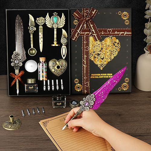 Miniatura 10 de Aifeiter Juego de tinta de pluma, bolígrafo de caligrafía de plumas, sello de cera, hermoso juego de caligrafía de regalo, regalos de Navidad, color