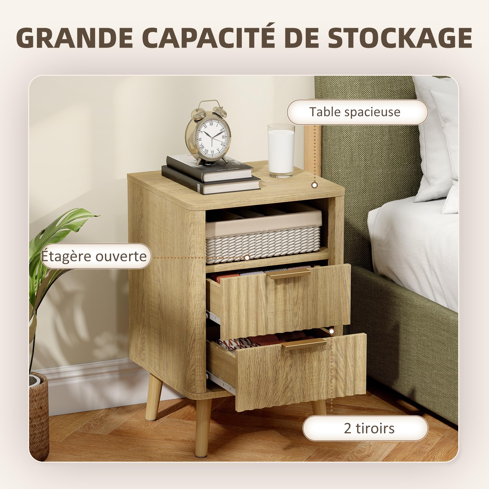 HOMCOM – Juego de 2 mesitas de noche, mesitas de noche con 2 cajones y compartimento abierto, esquinas redondeadas, texturizadas en olas, patas de madera maciza, estilo moderno, para dormitorio, sala