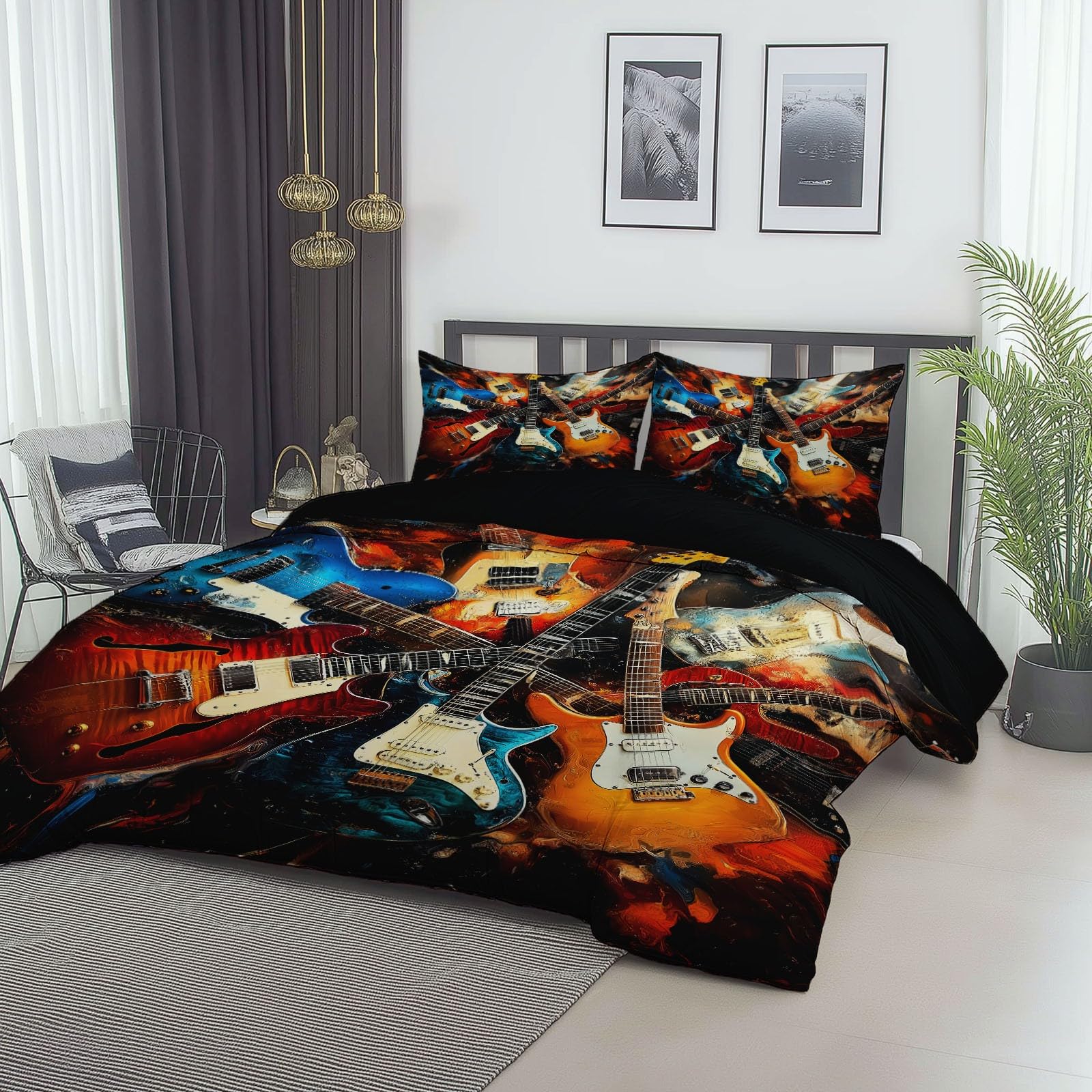 Poszwa na kołdrę 240x260 cm z mikrofibry, zestaw pościeli muzycznej z gitarą elektryczną z 2 poszewkami na poduszki w kolorze czarnym z nadrukiem dwustronnej poszwy na kołdrę na 4 pory roku