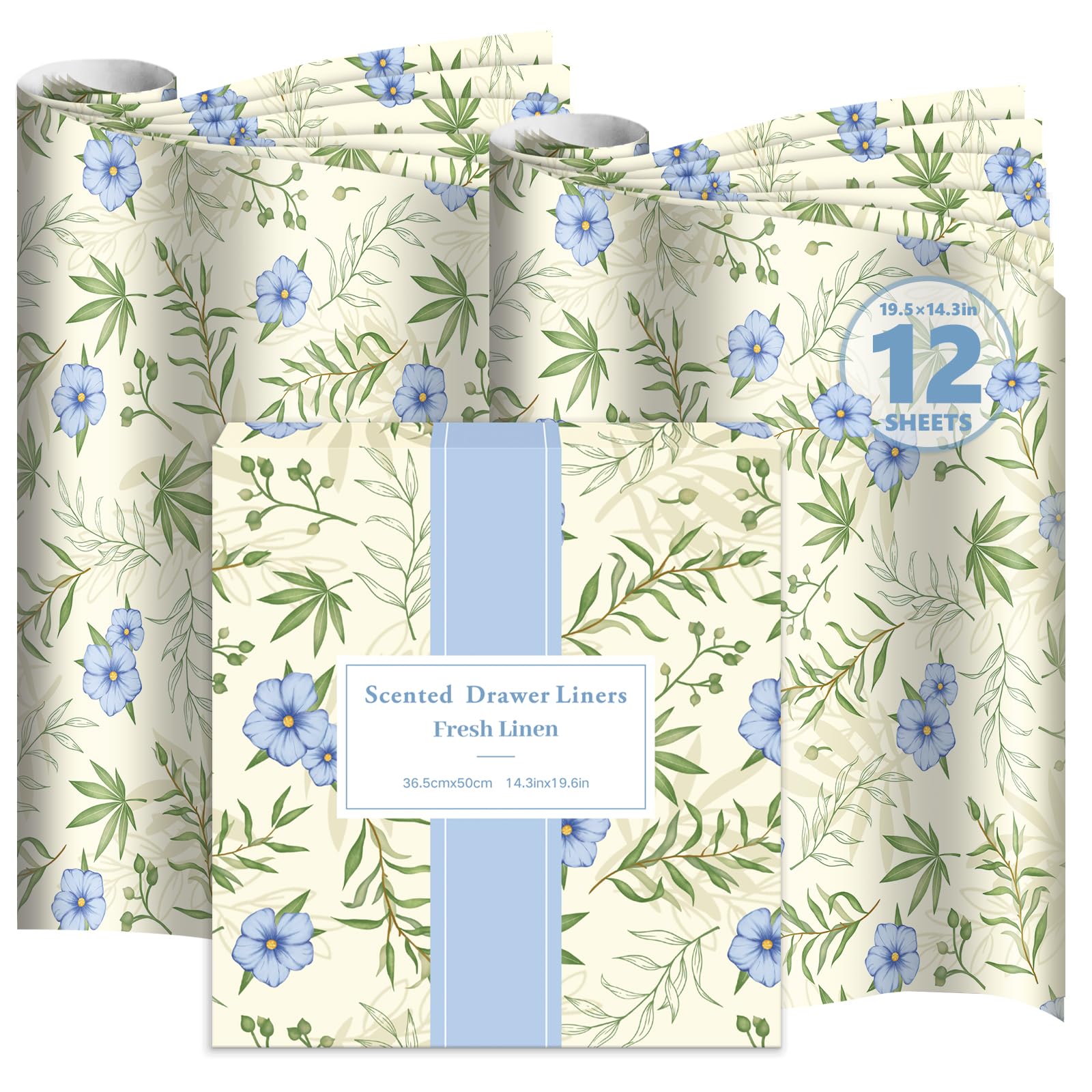 DERDUFT Scented Drawer Liner Paper - Fresh Linen Scented Sheets for Drawers and Wardrobes - 12 Large Decorative Sheets 36.5x50cm / 14.4x19.7in for Bedroom Dresser Closet Storage Box