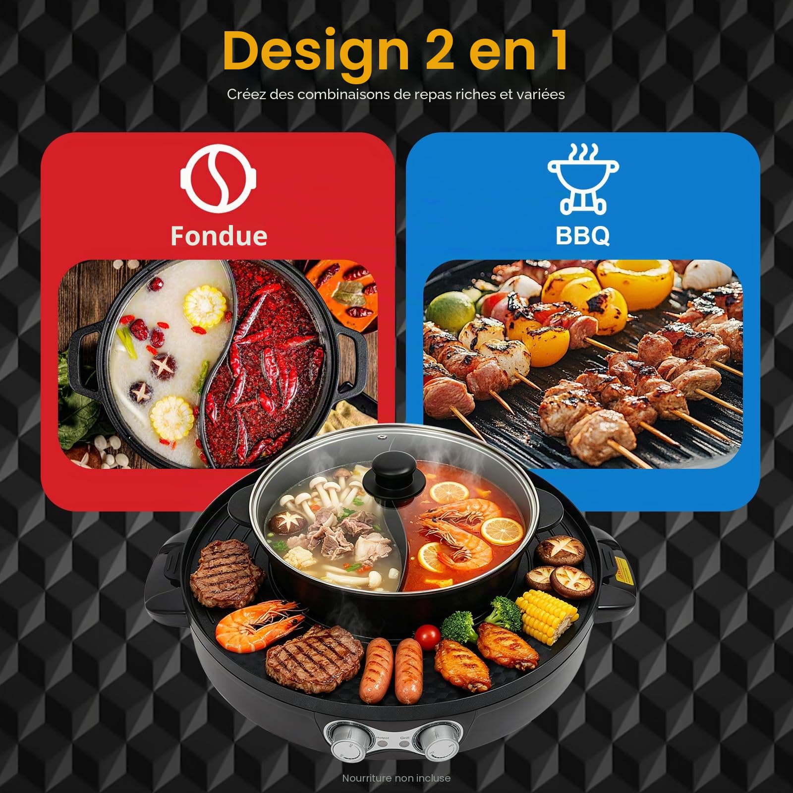 Hotpot et raclette 2 en 1, élément chauffant électrique en acier inoxydable, barbecue coréen, revêtement anti-adhésif, Hotpot pour mijoter, cuisiner, rôtir