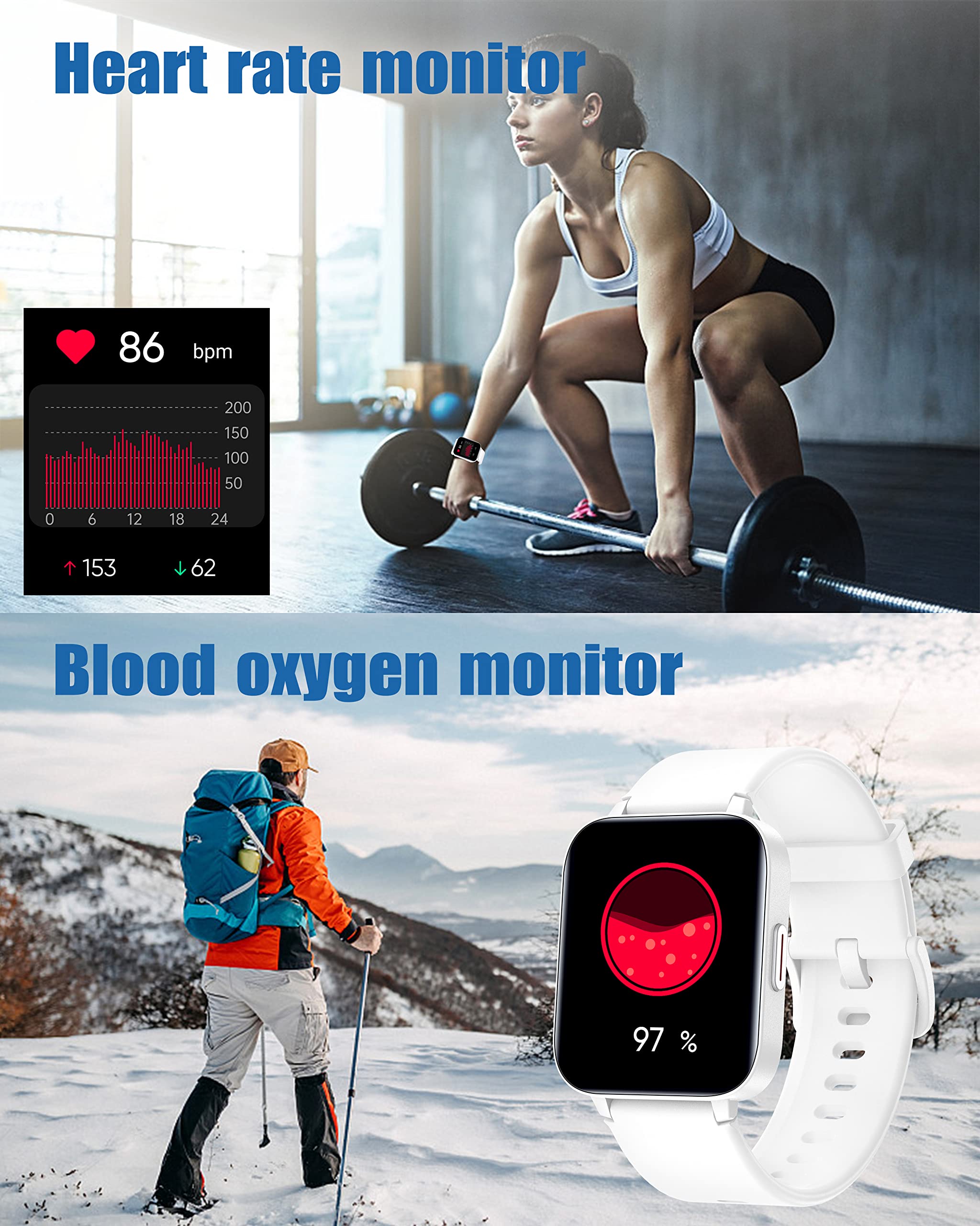 RUIMEN Smartwatch,Reloj Inteligente Mujer Impermeable IP68 con Oxímetro,1.69" Pantalla con Pulsómetro,Monitor de Sueño Monitores Actividad Cronómetros Calorías Podómetro para Android iOS (Blanco)