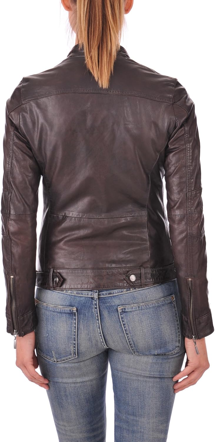 Azrah Women's Lambskin Leather Biker Jacket Quilted Slim Fit Round Collar Winter Riding Jacket