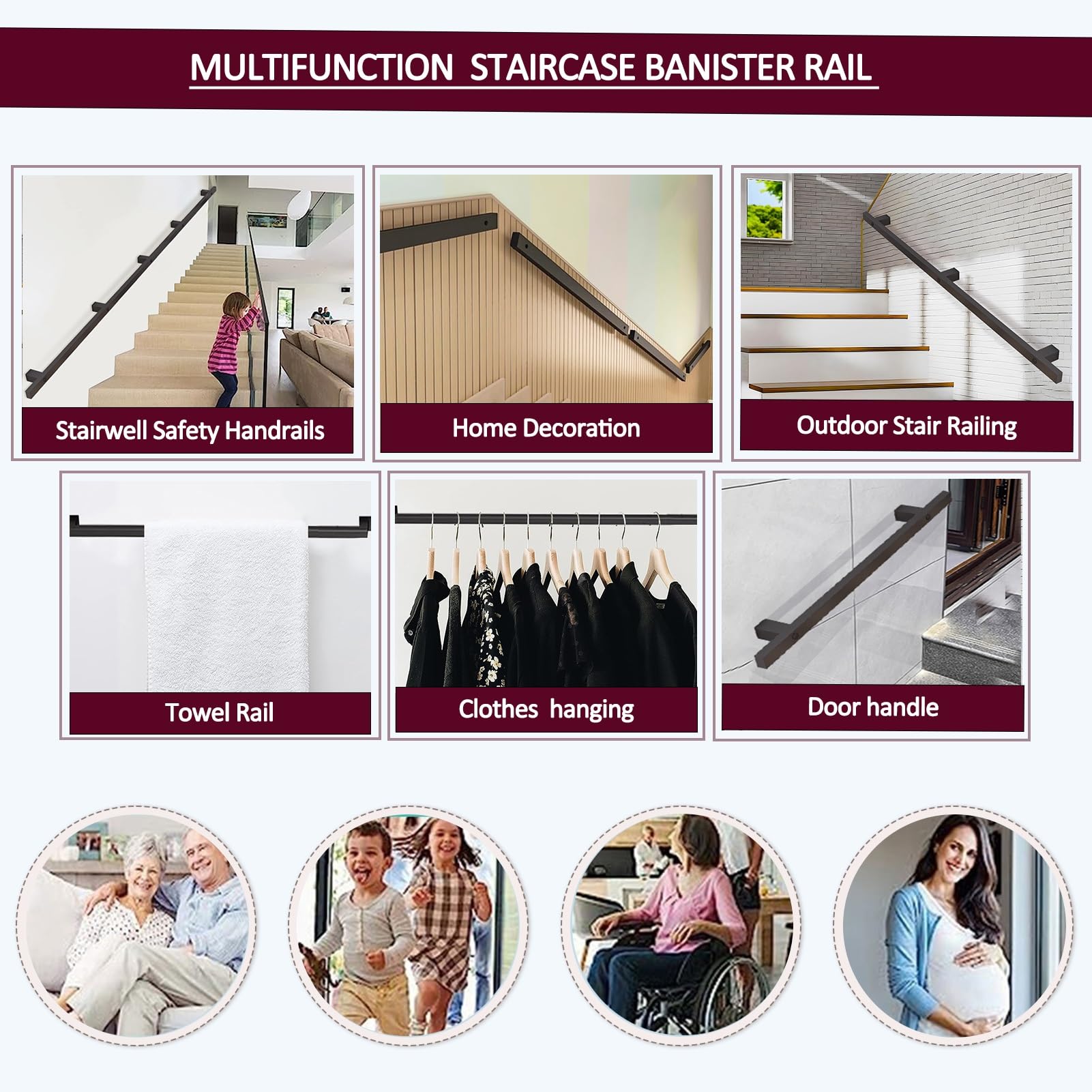 Stabiles Eisen für Treppen – 180 cm Treppengeländer-Set mit Wandhalterungen und Metallschrauben – langlebig, verstellbare Unterstützung für sicheres Klettern und Absteigen