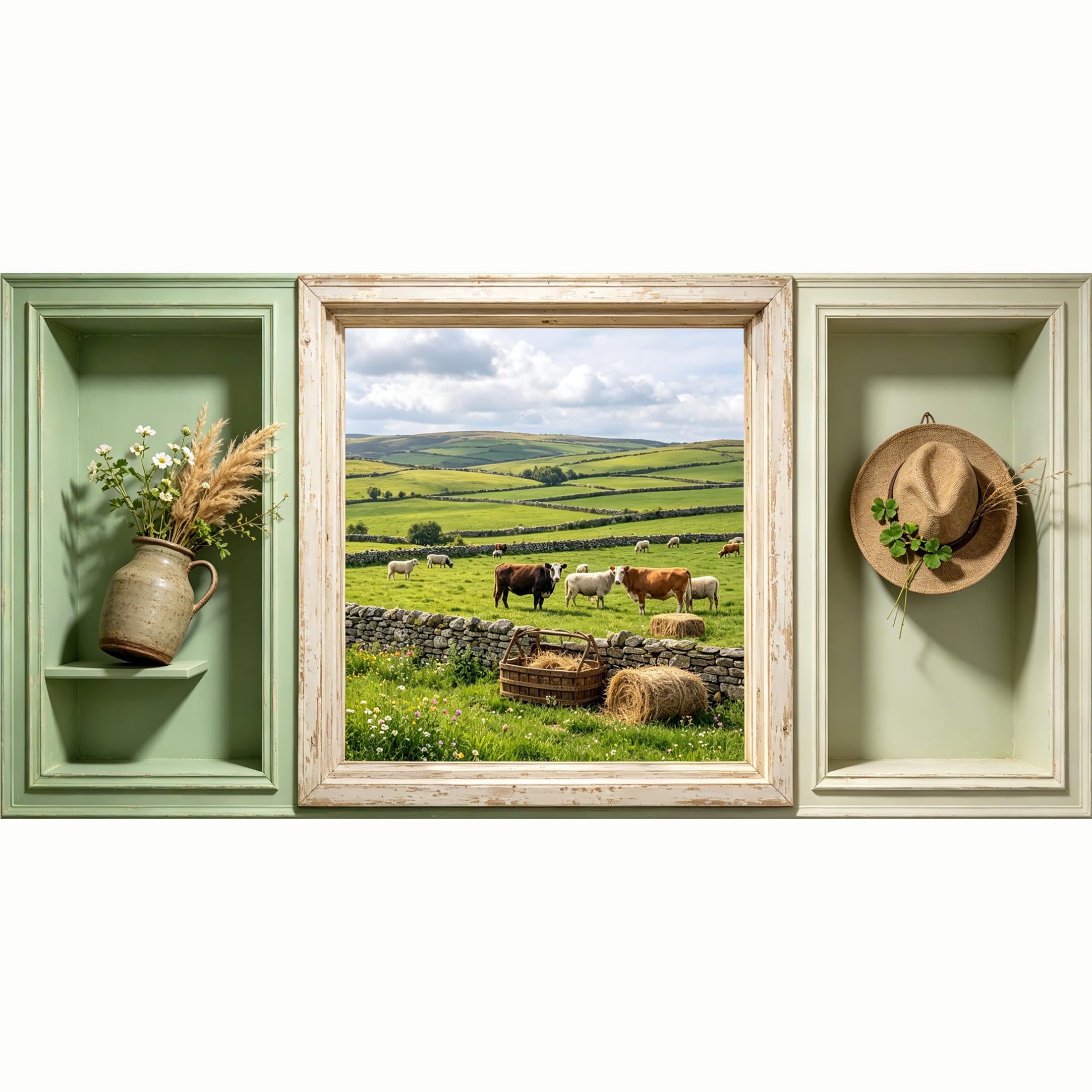 QZLITHOTIC 50x100cm 3D Framed Wall Art， Farmhouse Landscape Sheep Grazing Pasture SelfAdhesive Mural， WaterActivated Peel & Stick Fabric Decor Wall Decal for Bedroom Living Room