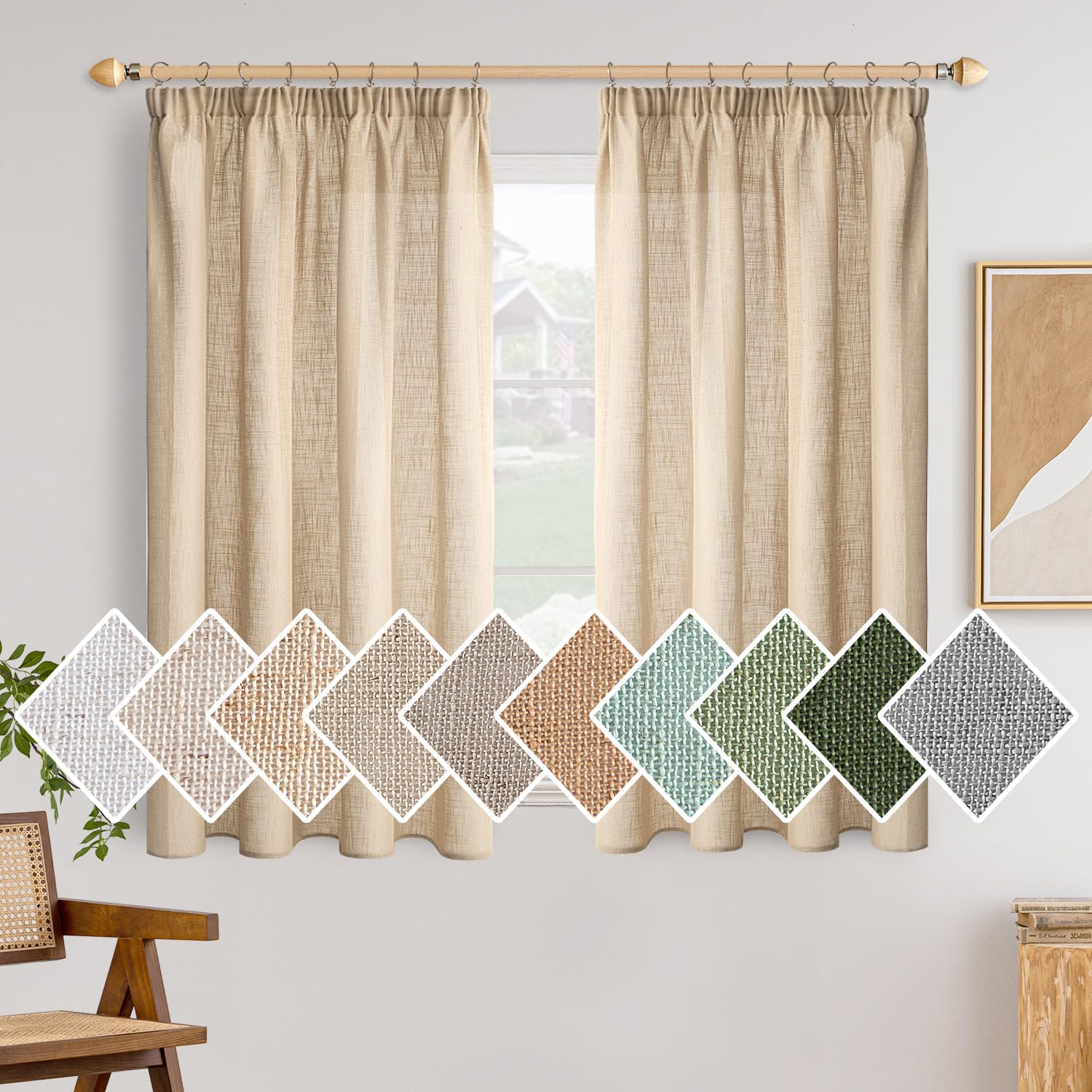 Woaboy Cortinas Lino Cortas con Cinta Fruncidora Visillos Dormitorio Ventana Translúcido Cortinas Modernas para Salón Habitación 2 Piezas 140x145cm Beige
