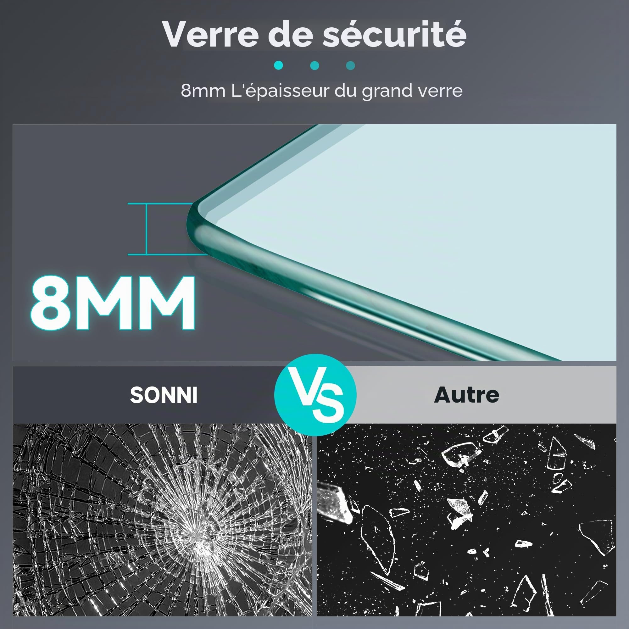 SONNI Paroi de douche 1200 x 2000 mm - Paroi de douche entièrement satinée - Verre nano ESG de 8 mm