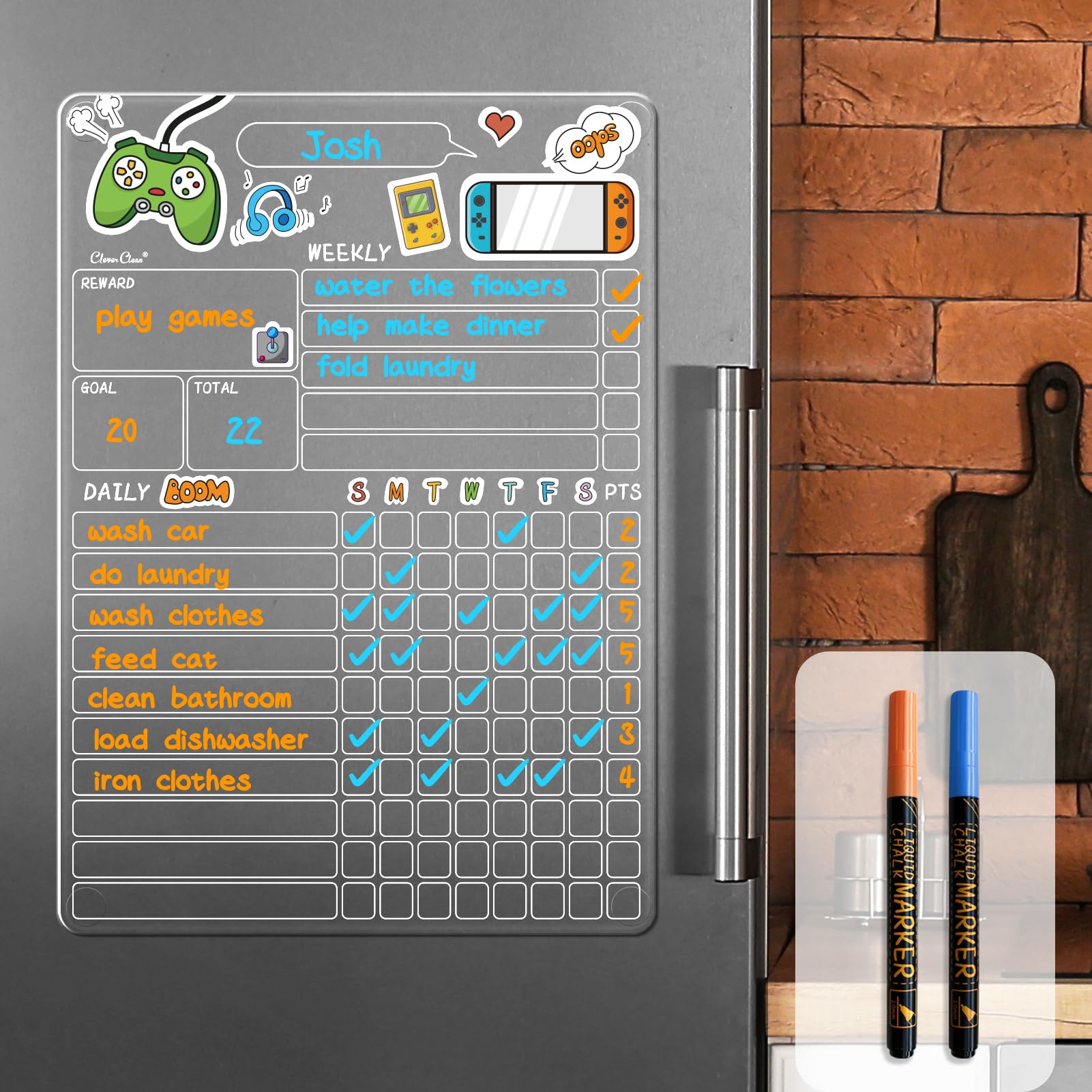 Clear Dry Erase Reward Chore Chart, Transparent Reusable Video Games Behavior Responsibility Chart Sticks to Fridge and Wall (Any Smooth Surfaces)