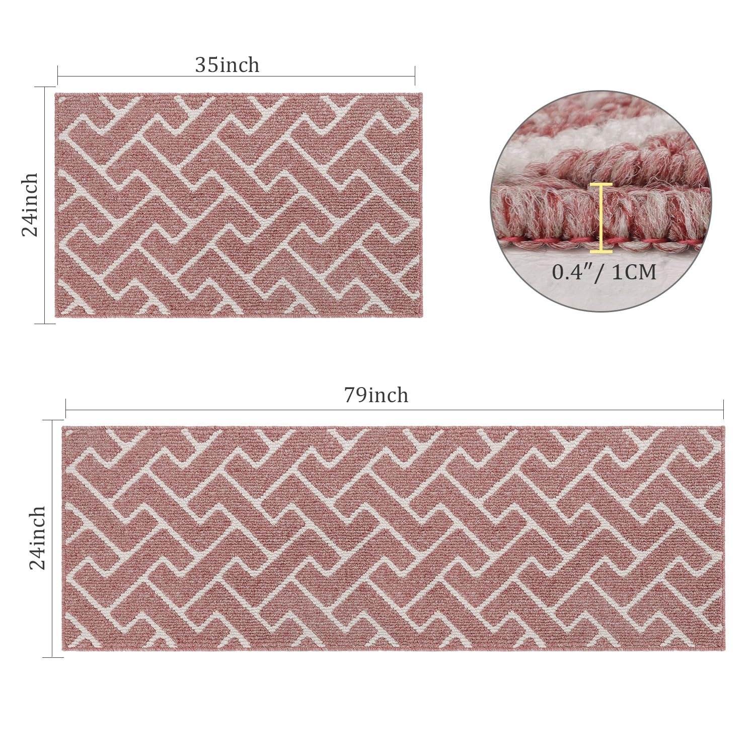 hicorfe Kitchen Rugs and Mats Sets,2 Pieces Super Absorbent Polypropylene Non-Slip Rug,Soft Comfort Floor Mat,Washable for Kitchen,Hallway,Office,Sink,Laundry(24" x 35" Plus 24" x 79",Dark Pink