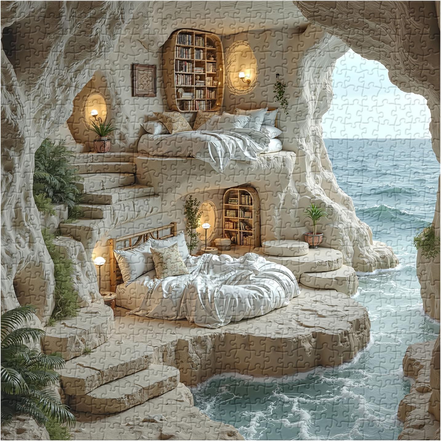 Ocean House Puzzles for Adults 1000 Pieces, Fantasy Seaside Cave Jigsaw Puzzle, Dreamy Cliffside Stone Home Puzzle