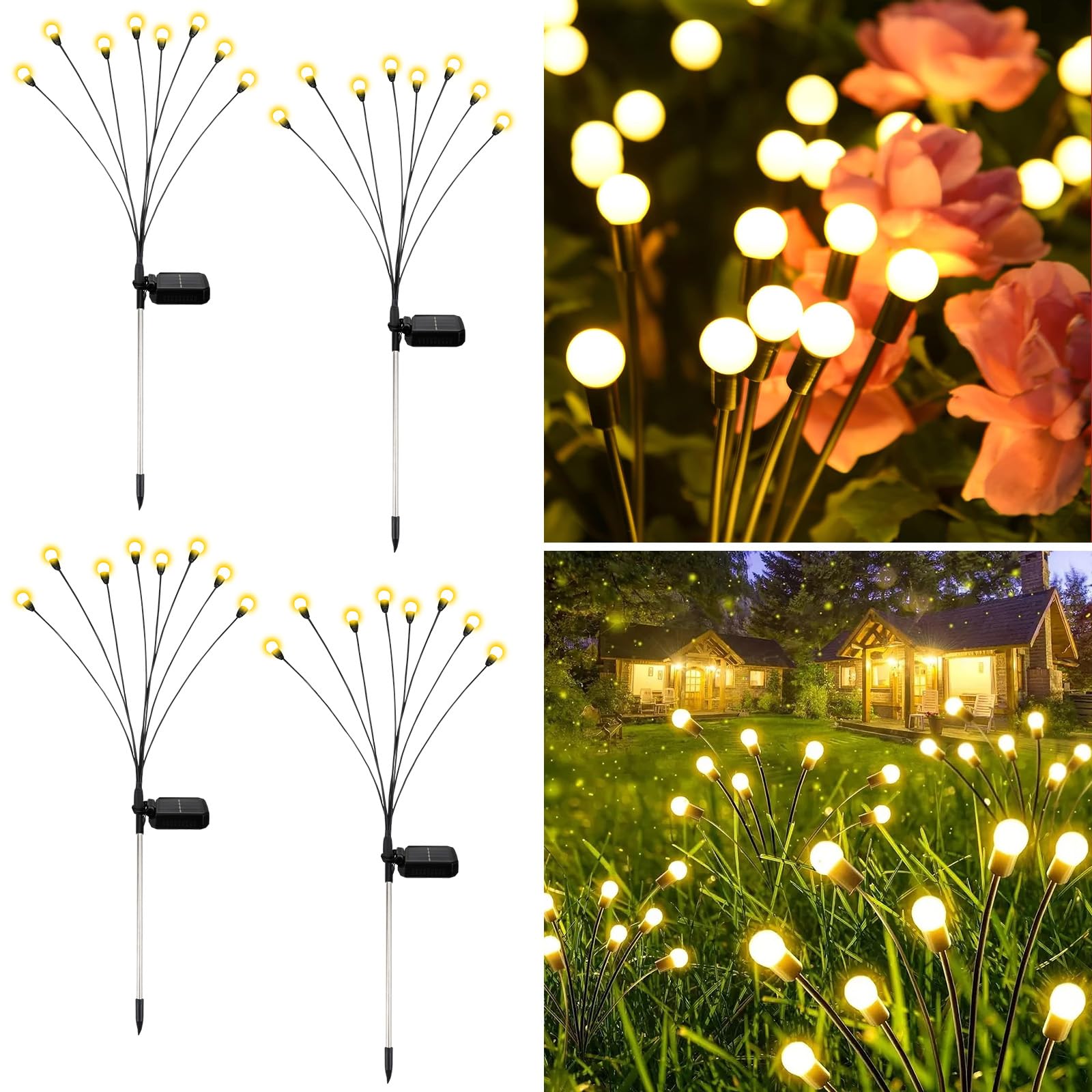 FIFlying 4 Pezzi Lampade Solari Per Esterni Da Giardino, 8 Led Lucciole Luci Solari Per Esterni IP65 Impermeabili, Nuovi Aggiornamenti Modalità Multiple Luce Lucciola Per Pathway Yard Patio
