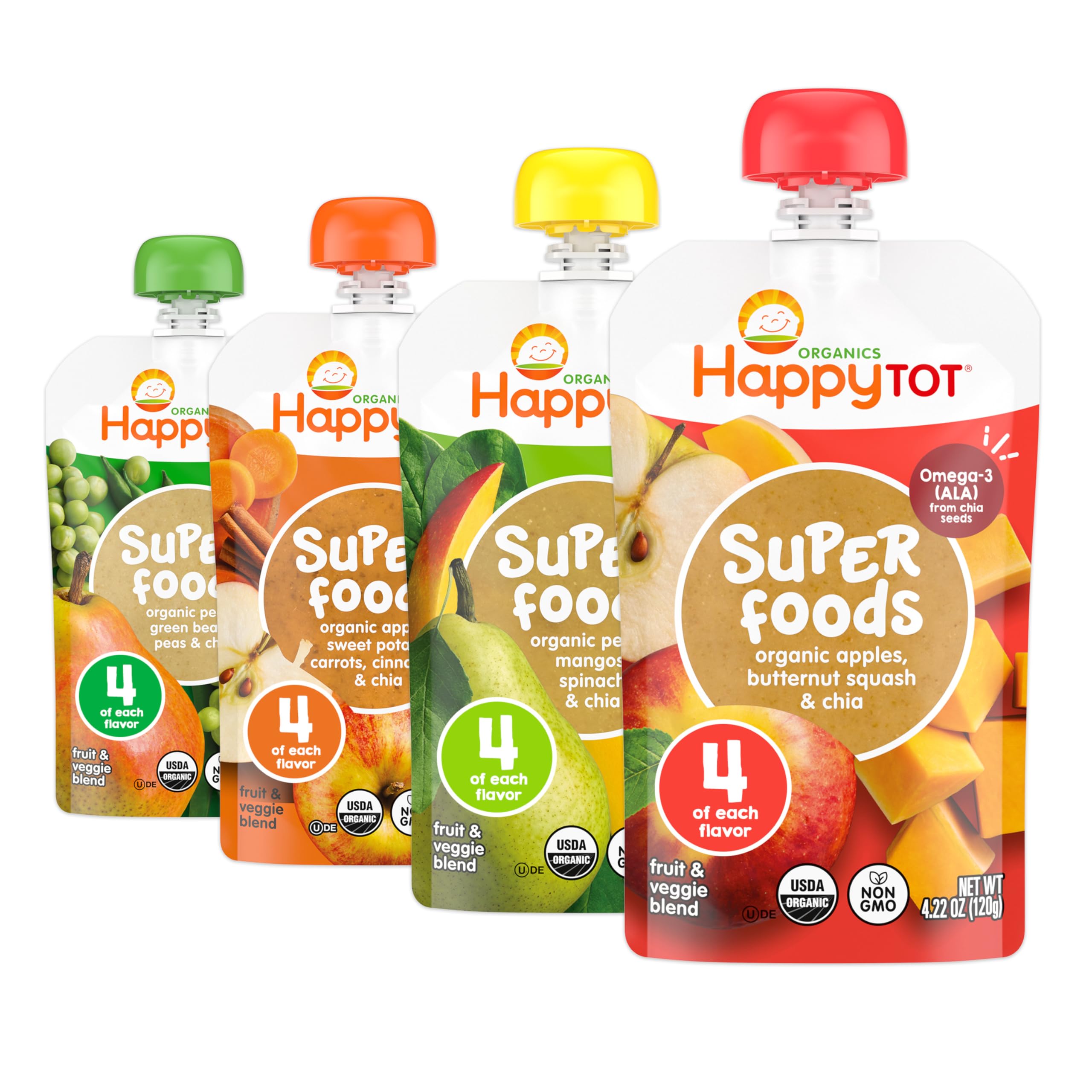 Happy Tot Organics Stage 4 Baby Food Pouches, Gluten Free, Vegan Snack, SuperFoods Fruit & Veggie Puree & Chia Variety Pack, 4.22 Ounce (Pack of 16), Amazon Exclusive
