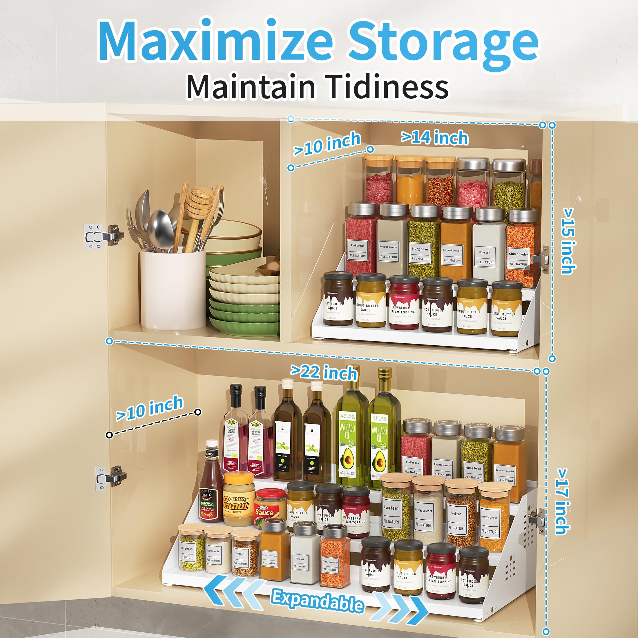 Étagère à épices extensible à 3 niveaux pour armoire, largeur extensible et réglable, organisateur d'assaisonnement pour armoire, comptoir, garde-manger, Blanc
