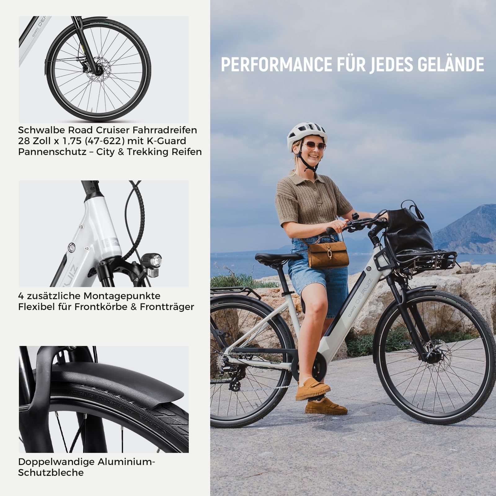 DERUIZ Vélo électrique Quartz E 28" pour homme et femme avec capteur de couple et freins hydrauliques, batterie 48 V 13,4 Ah, portée jusqu'à 161 km, dérailleur à 8 vitesses, vélo de ville Pedelec