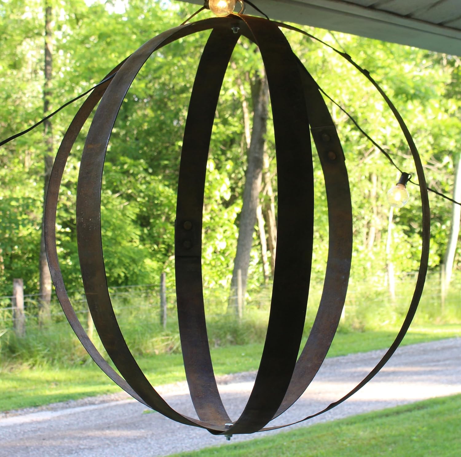 AmishToyBox.com Rustic Hanging Plant Flower Holder, Made with Real Whiskey Barrel Rings, Untreated Metal, Large 3 Ring Planter, Amish-Made