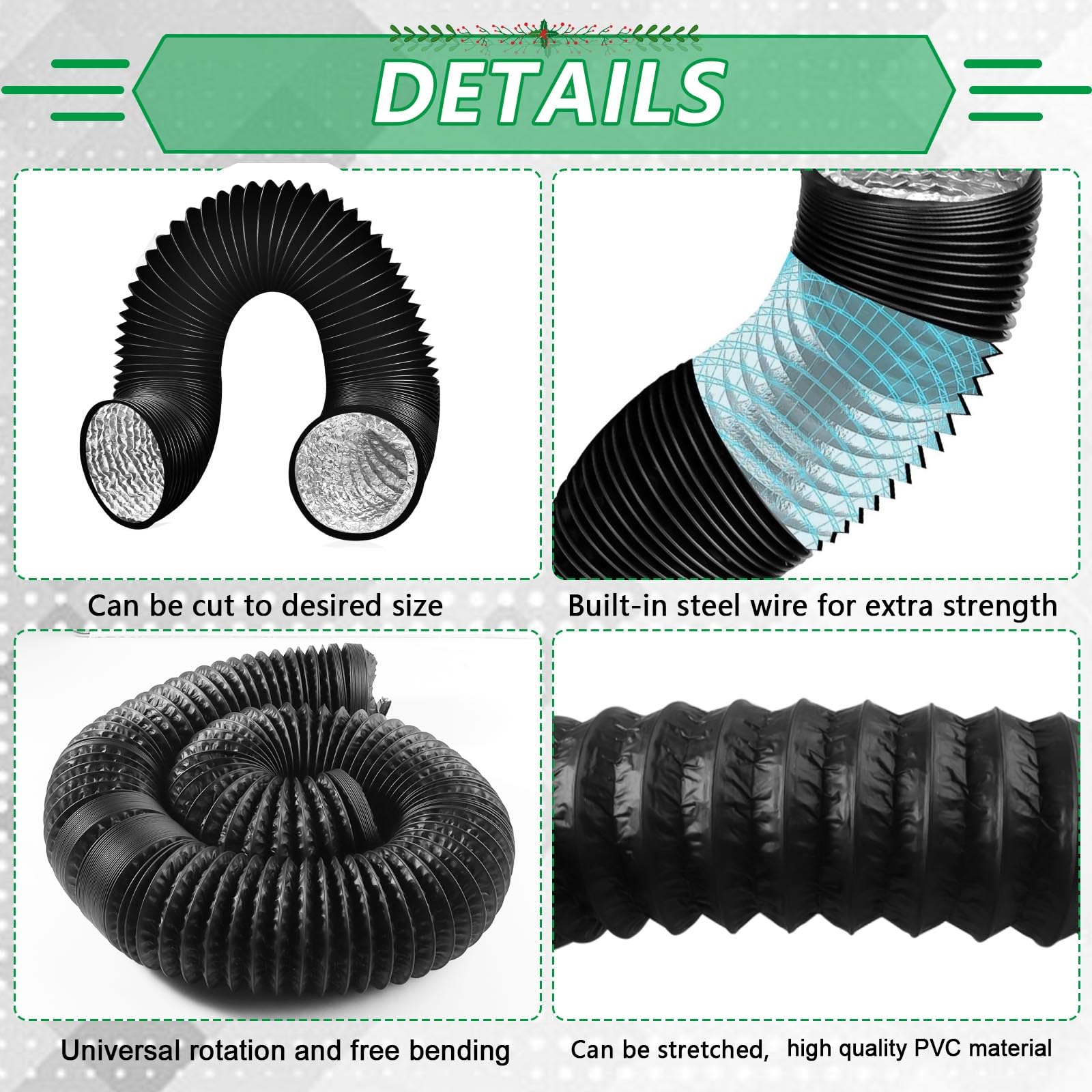 100mm Tumble Dryer Vent Hose 4.2m Long PVC Aluminium Flexible Ducting Hose with 2 Clamps,1 Volume Tape Black Air Ducting Vent for Air Conditioner HVAC Ventilation - Image 3