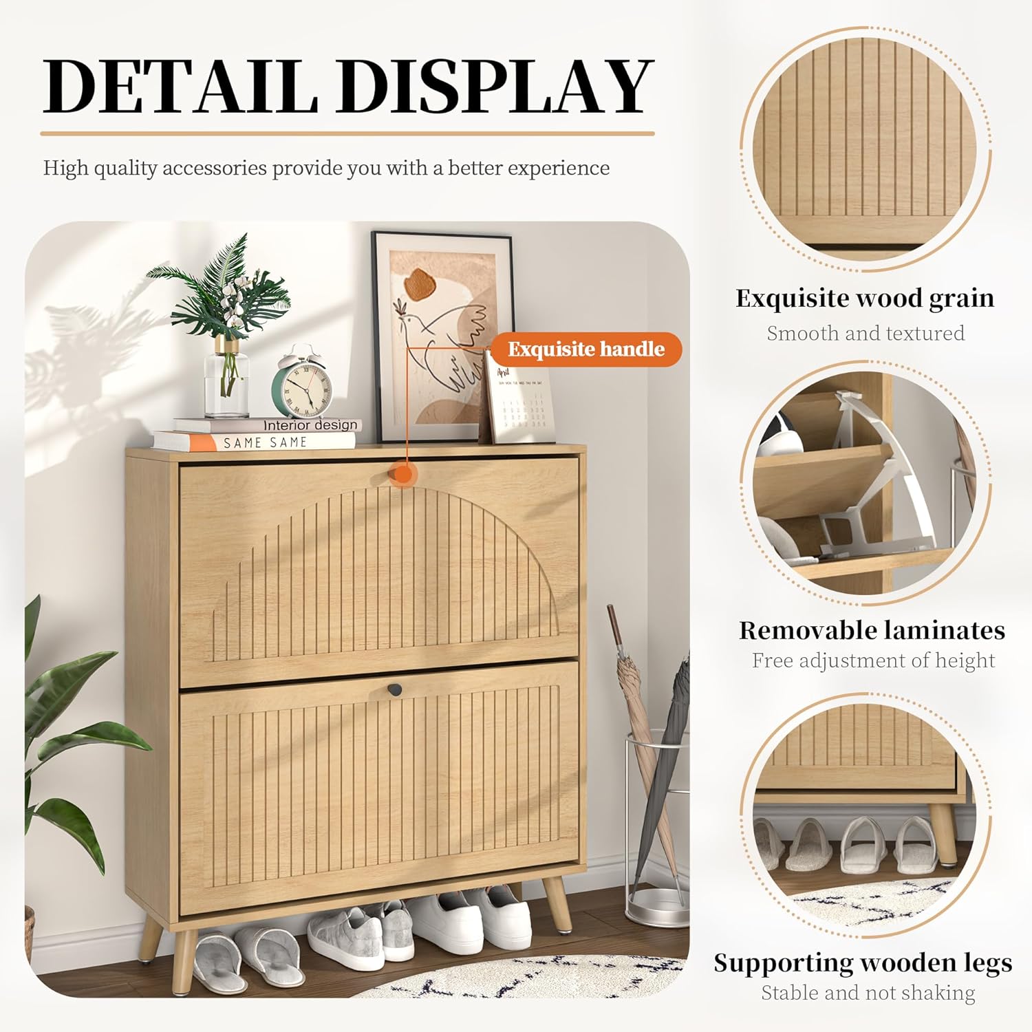 Close-up view of the shoe cabinet highlighting wood grain, removable laminates, and supporting wooden legs.