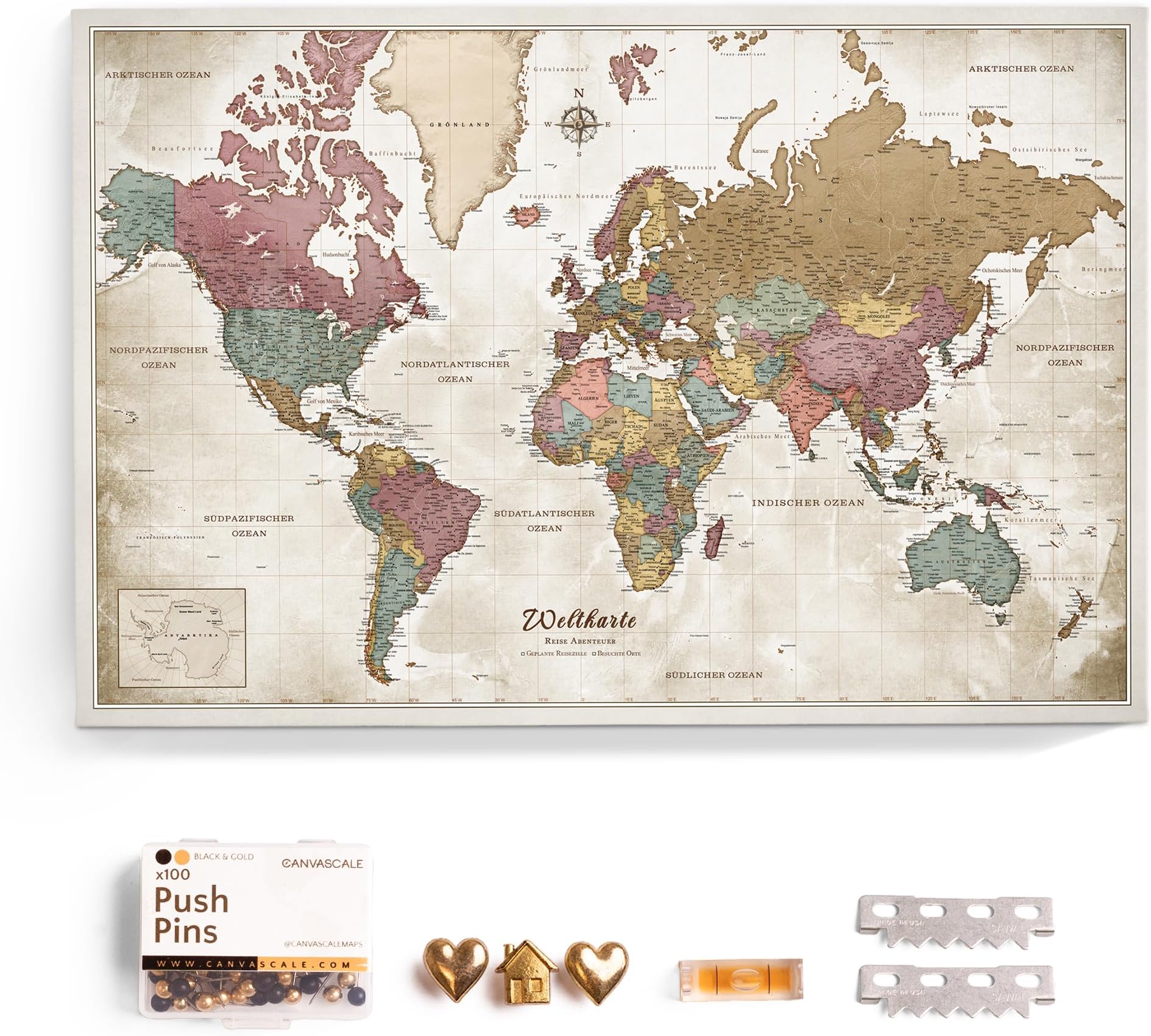 Canvas World Map with Cork Pin Board, German Lettering, Decorative Wall Decoration for All Rooms, Canv s with World Map Motif (90 x 60 cm, Pattern 20)