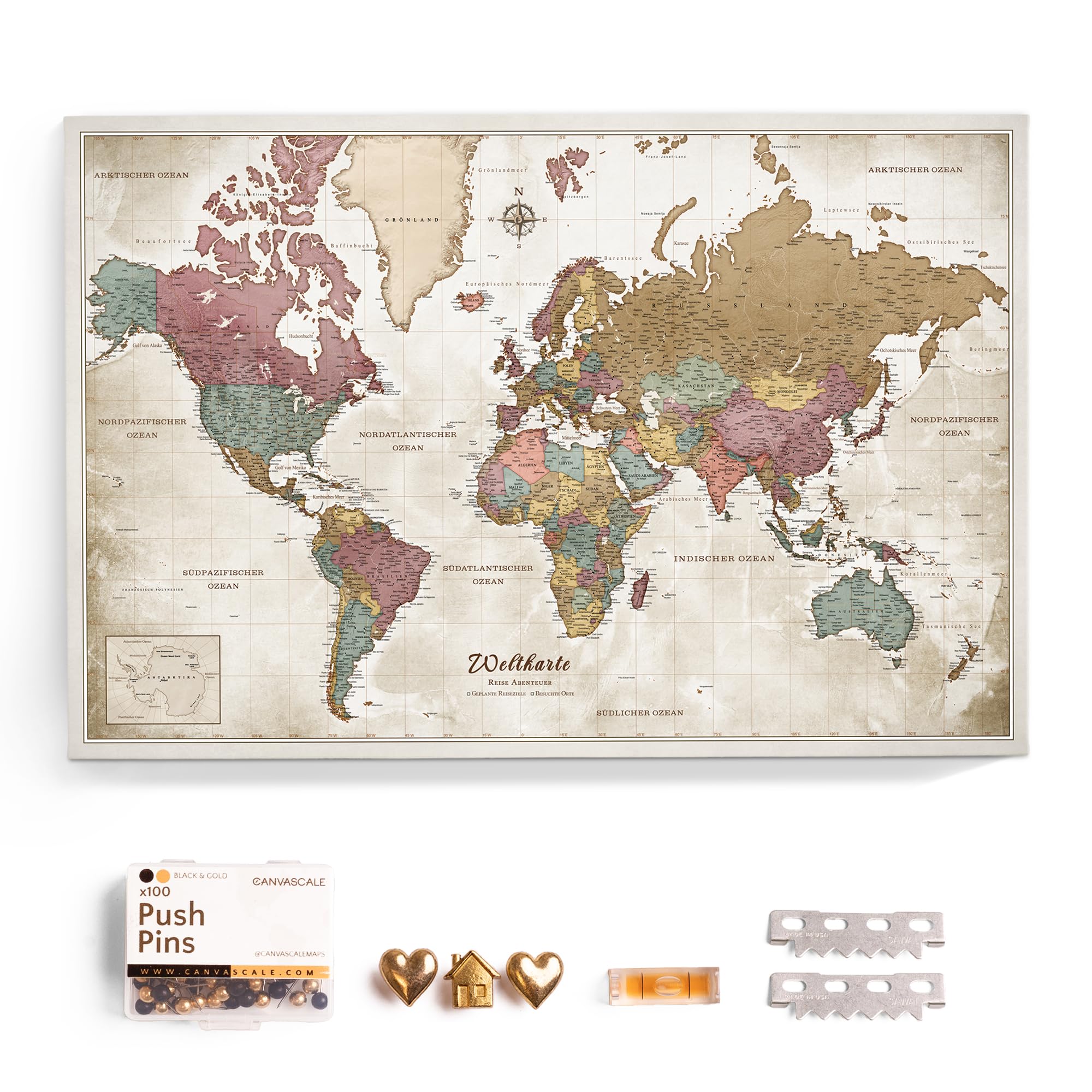 Canvas World Map with Cork Pin Board, German Lettering, Decorative Wall Decoration for All Rooms, Canv s with World Map Motif (90 x 60 cm, Pattern 20)
