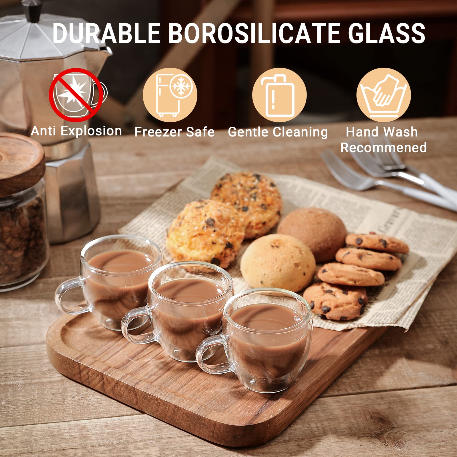 Large Coffee Tea Mugs Double Wall Insulated Cups with Handle for Espresso Latte Cappuccino Milk Stackable Glassware (71ml, Pack of 2) 3